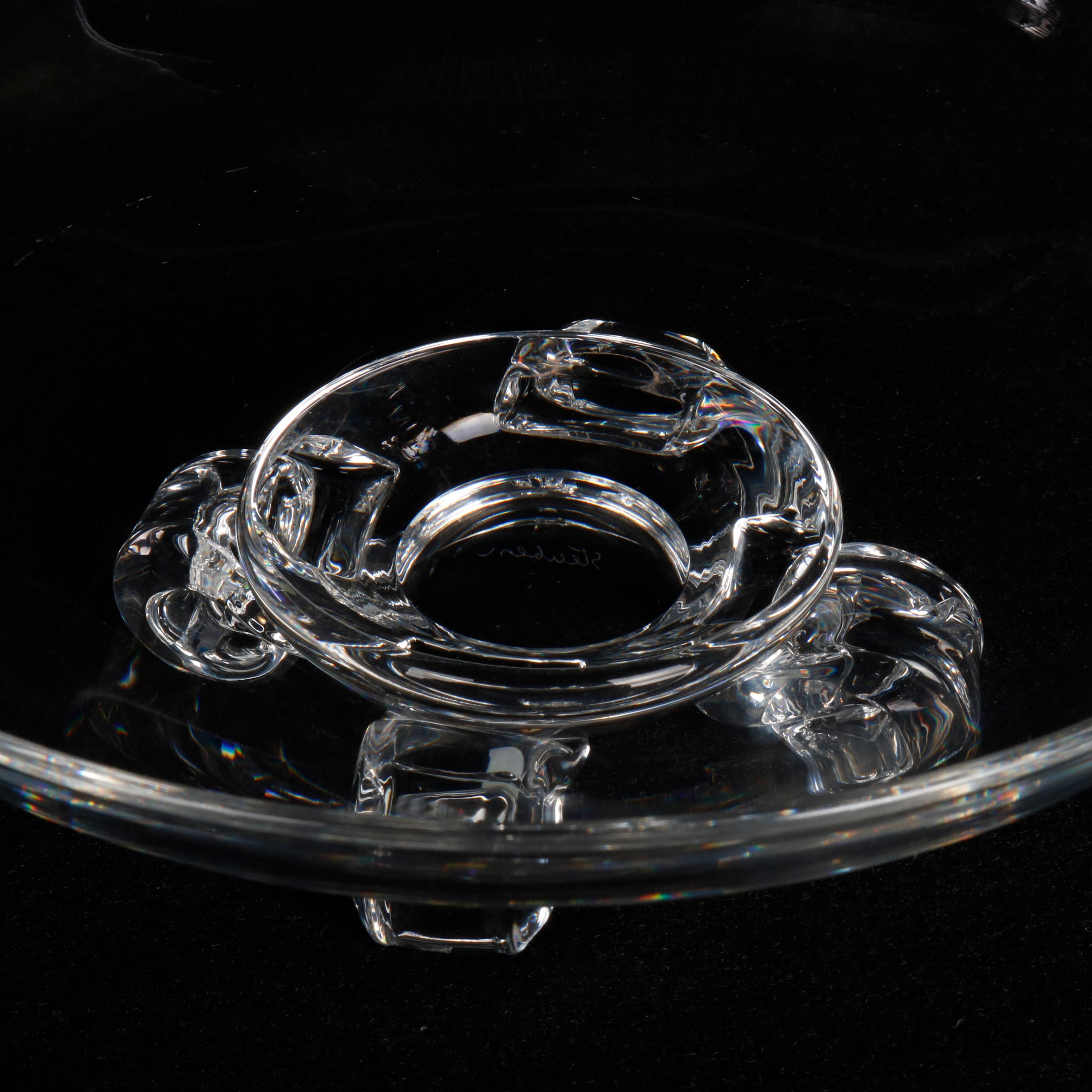 American Steuben Glass Works Scroll Foot Crystal Low Center Bowl, Signed, circa 1960