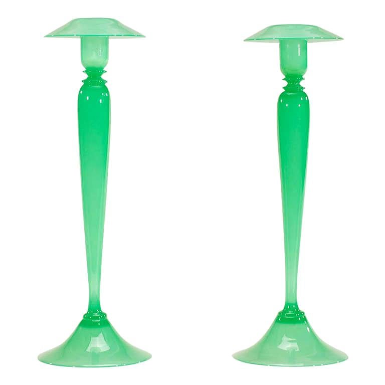 Steuben Hand Blown "Jade Green" Monumental Candlesticks/18"