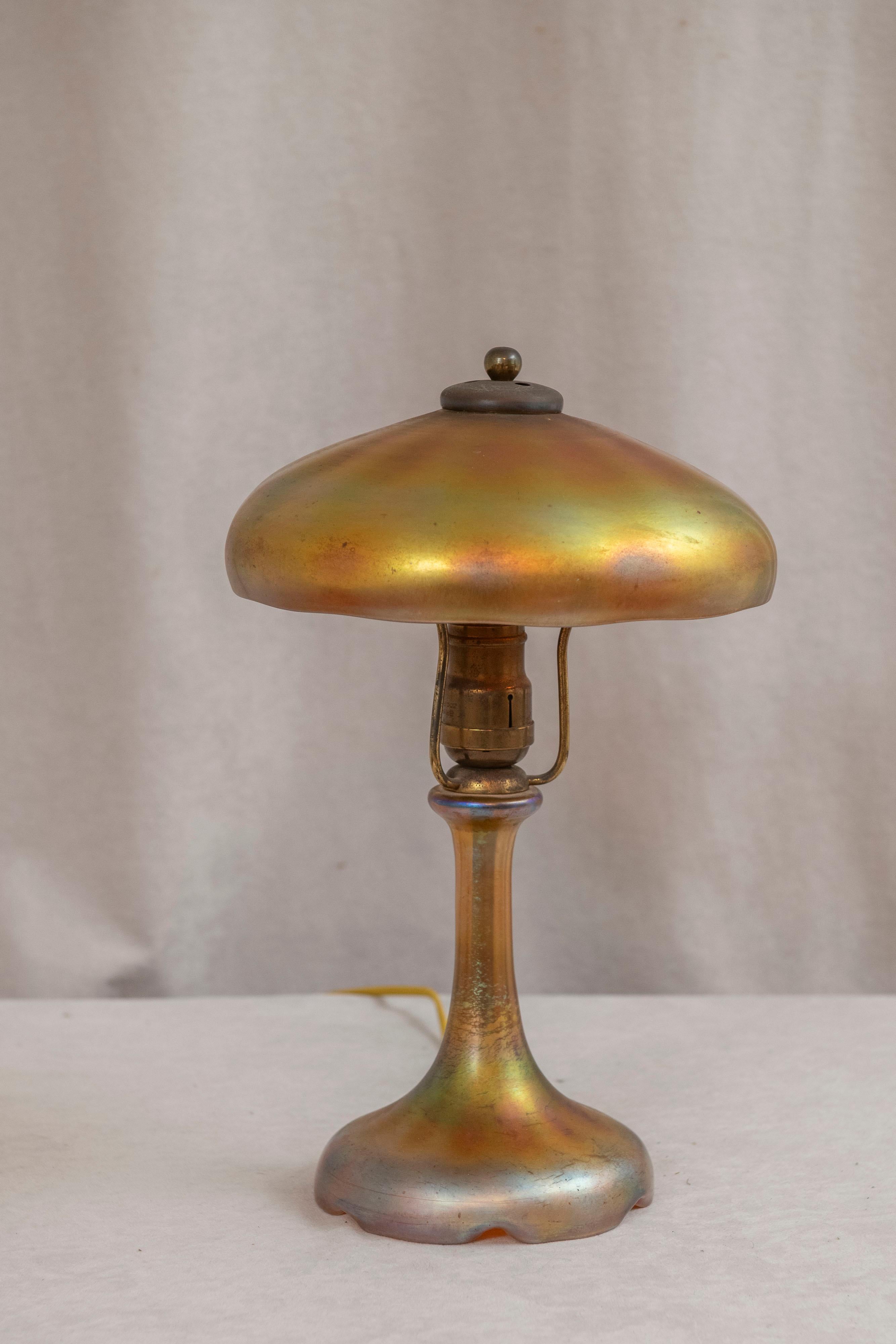 Arts and Crafts Steuben Lamp, Glass Base & Matching Glass Shade in Gold Aurene, ca. 1915