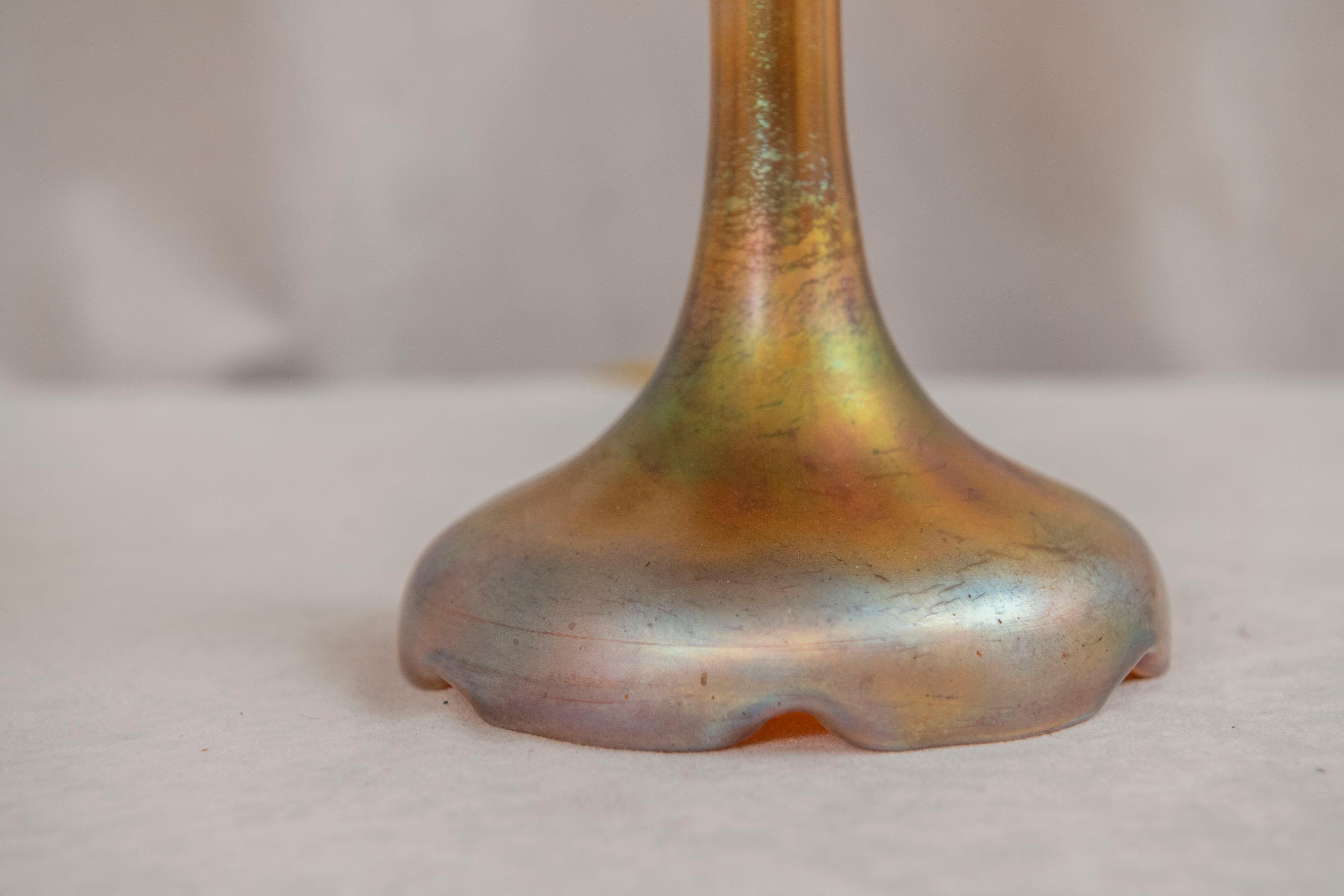 American Steuben Lamp, Glass Base & Matching Glass Shade in Gold Aurene, ca. 1915