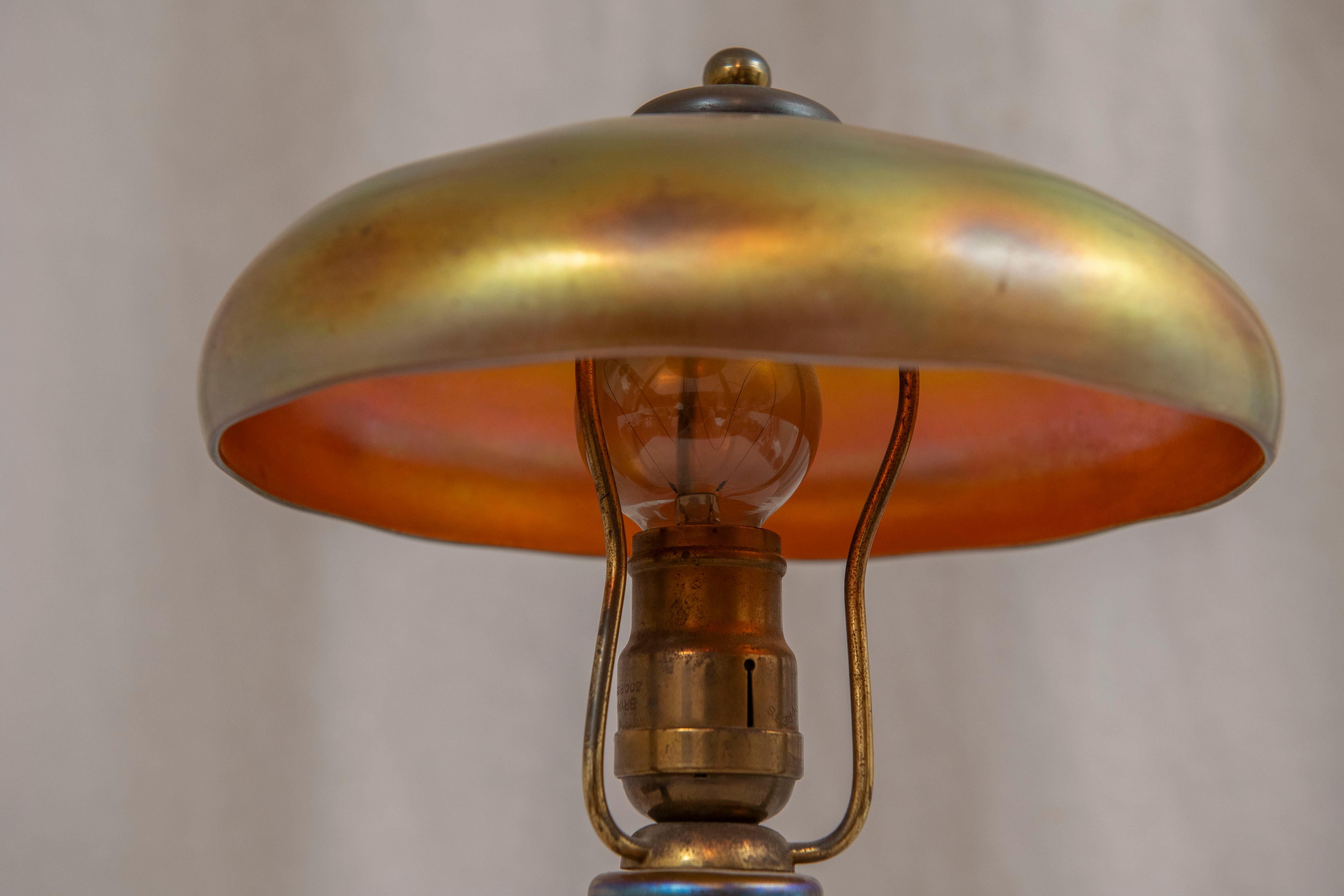 Hand-Crafted Steuben Lamp, Glass Base & Matching Glass Shade in Gold Aurene, ca. 1915