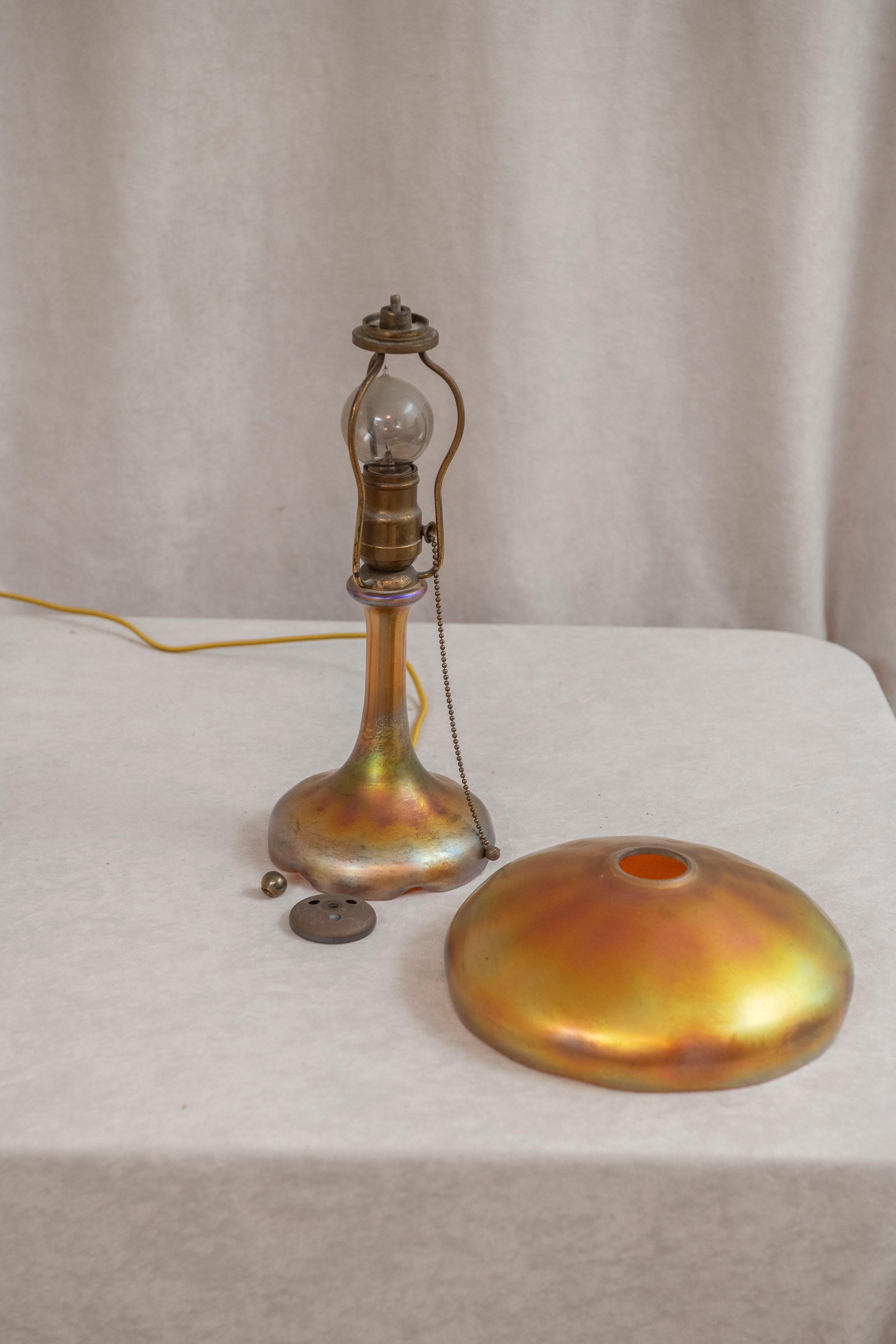 Early 20th Century Steuben Lamp, Glass Base & Matching Glass Shade in Gold Aurene, ca. 1915