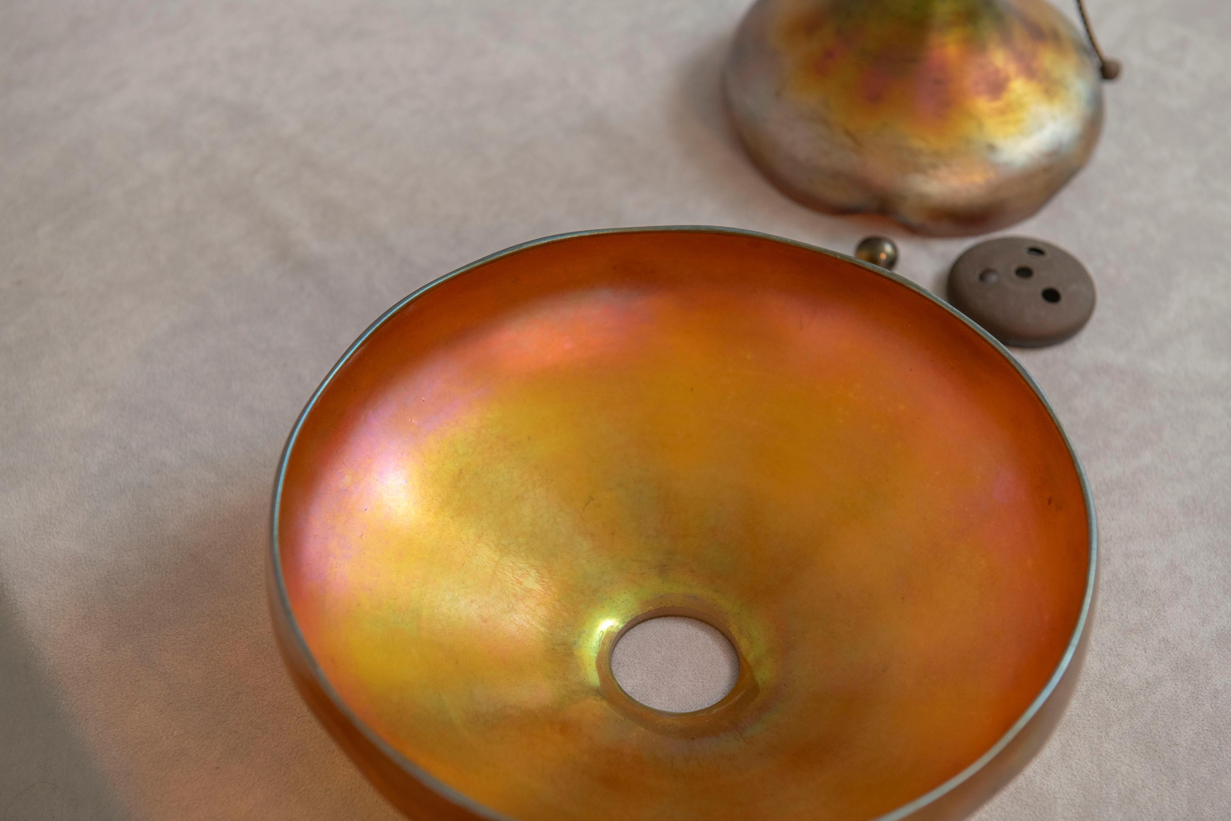 Metal Steuben Lamp, Glass Base & Matching Glass Shade in Gold Aurene, ca. 1915