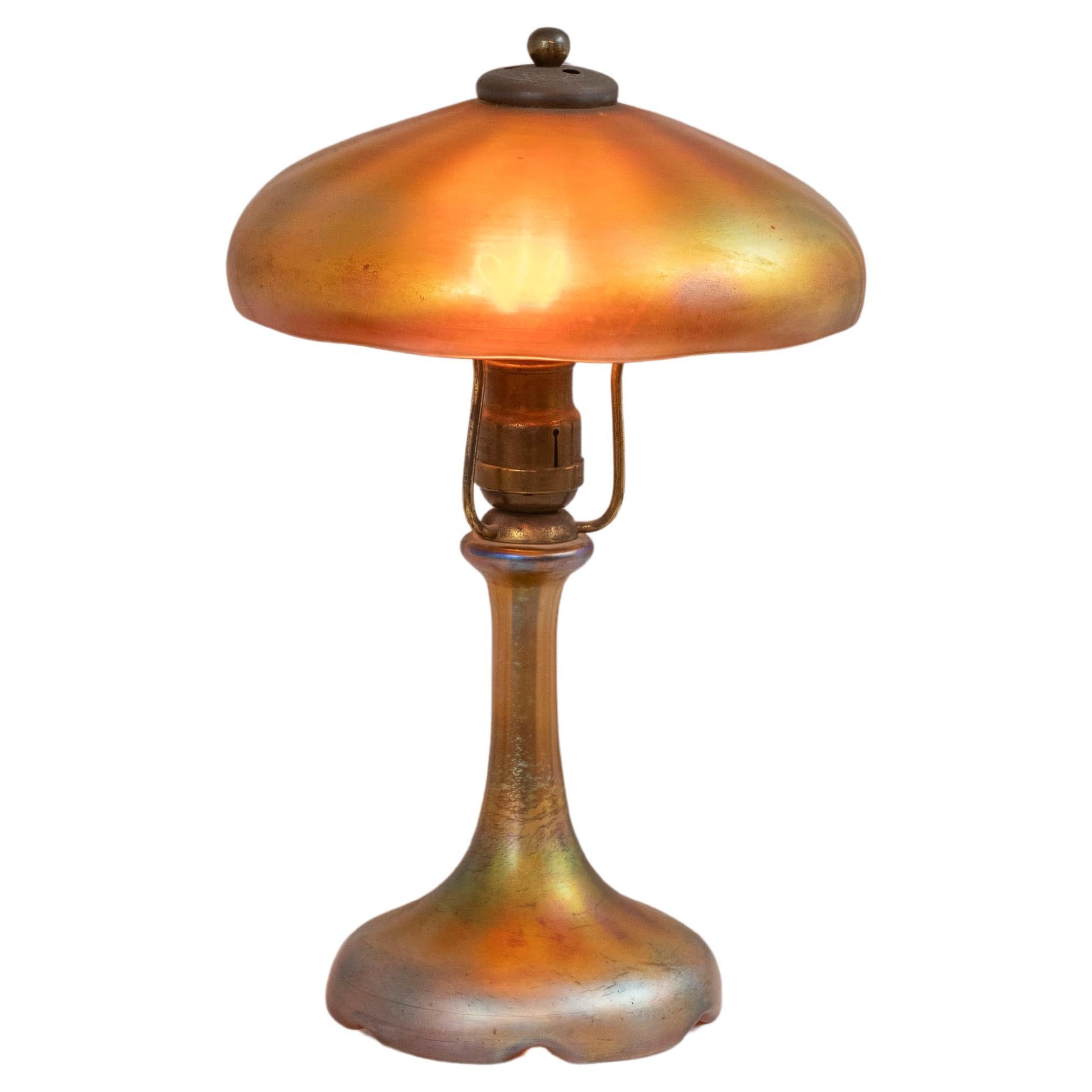 Steuben Lamp, Glass Base & Matching Glass Shade in Gold Aurene, ca. 1915