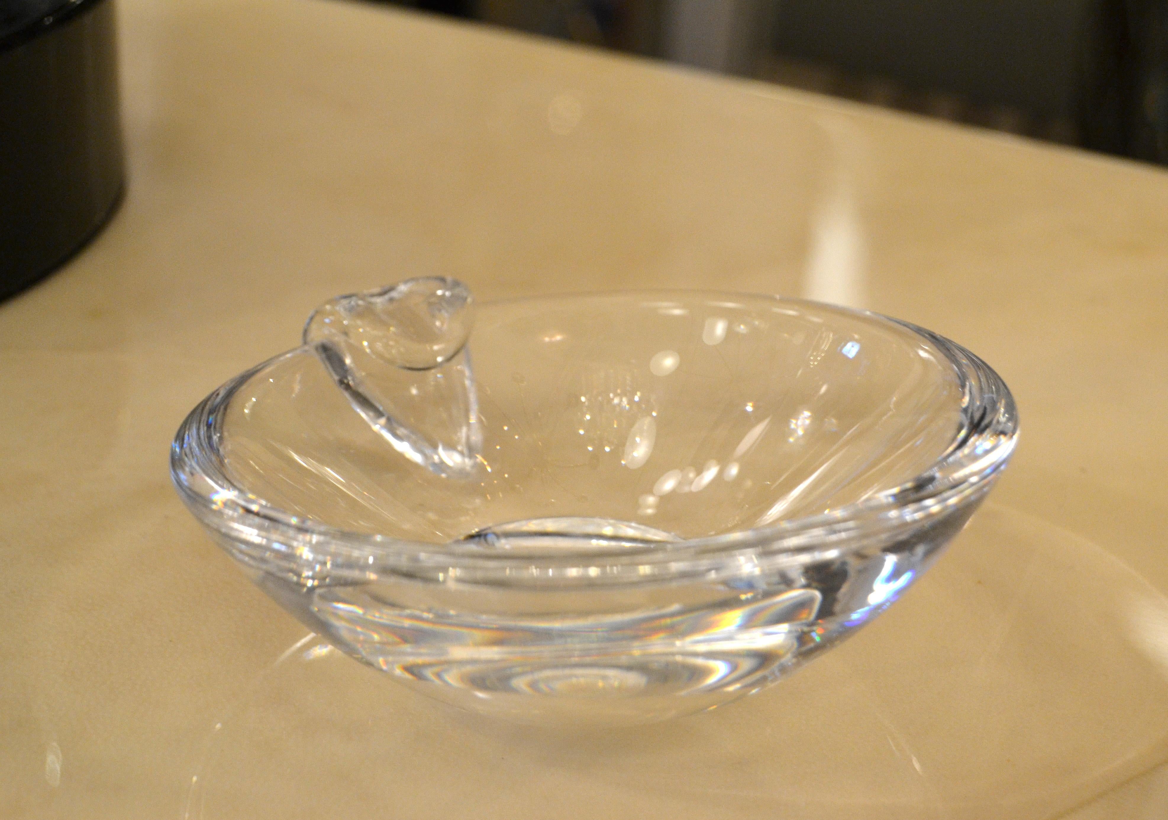 American Steuben Mid-Century Modern Clear Crystal Sloping Art Glass Bowl Ashtrays, Signed