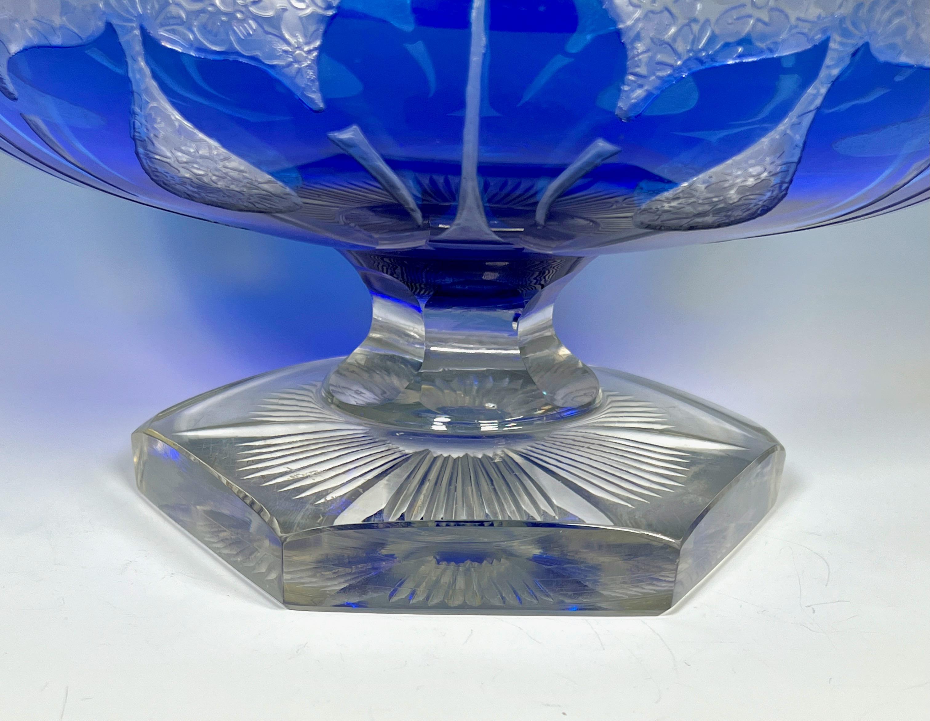 Engraved Steuben Monumental Cobalt Overlay Cut To Clear Crystal Art Deco Centerpiece For Sale