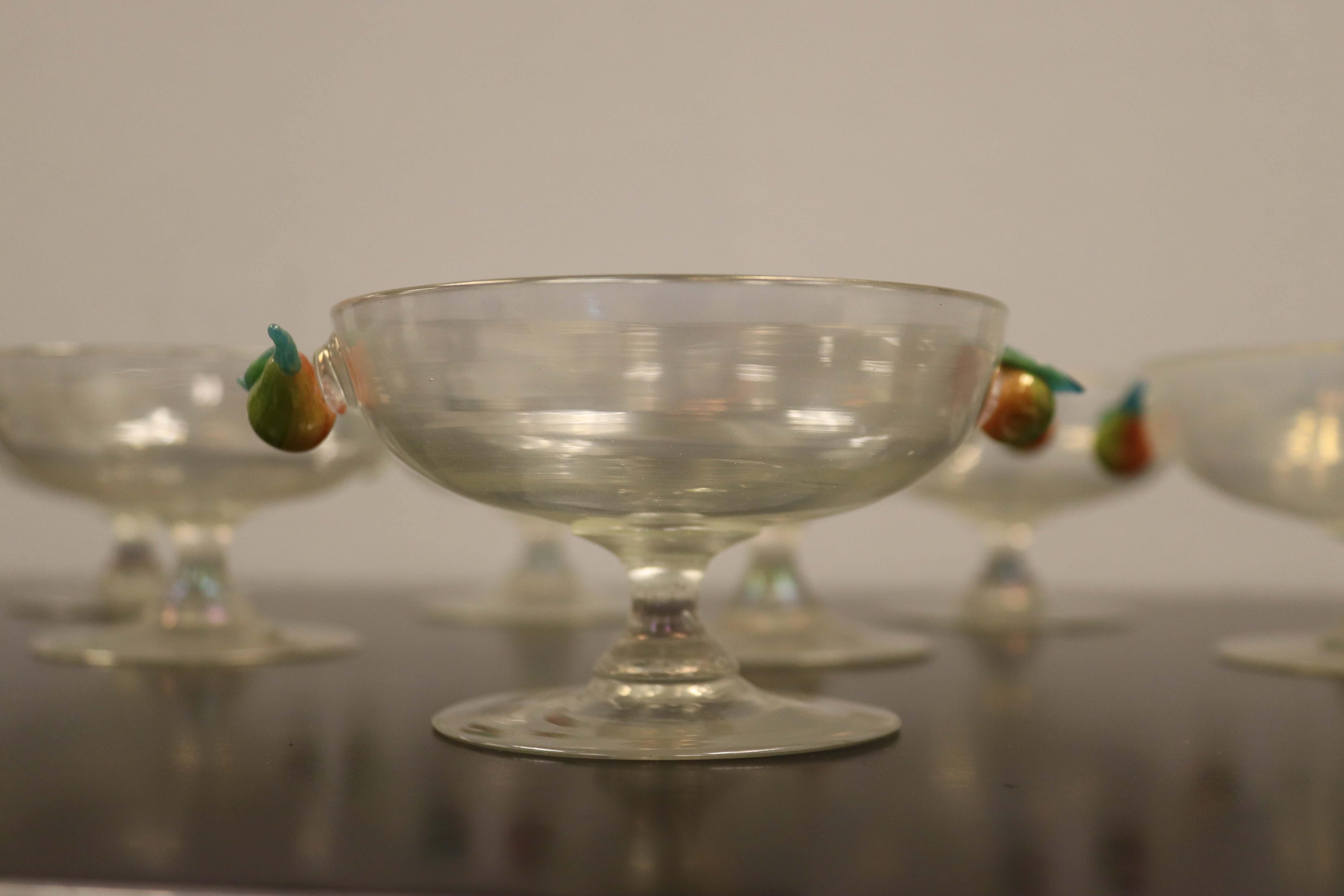 Steuben Pear Compote Iridescent Glasses on Pedestal Set of 8 Vintage In Good Condition In Keego Harbor, MI