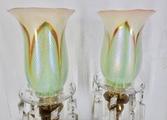 Steuben Pulled Feather Shades on Antique Brass Lamp with Prisms