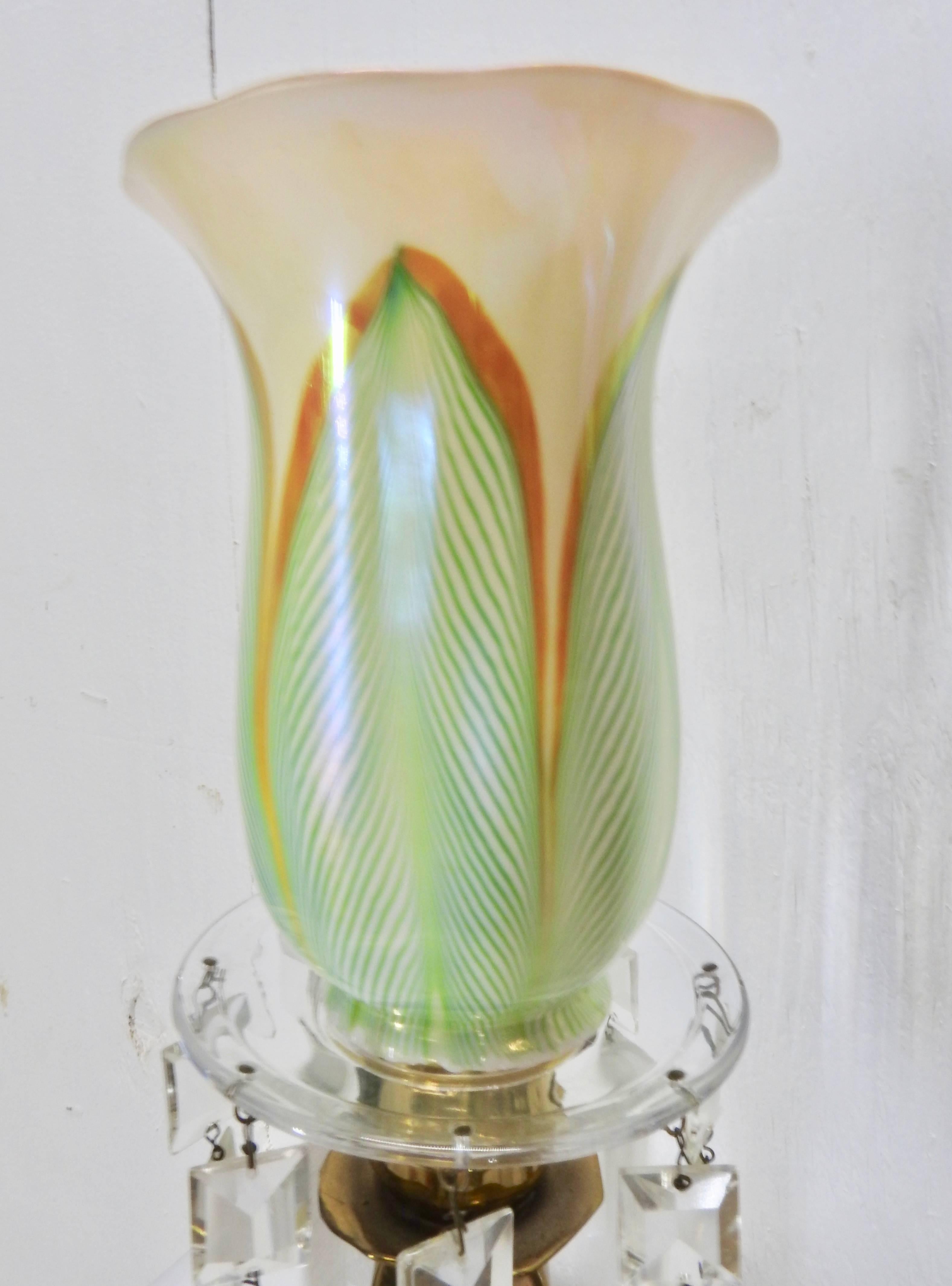 American Steuben Pulled Feather Shades on Antique Brass Lamp with Prisms For Sale