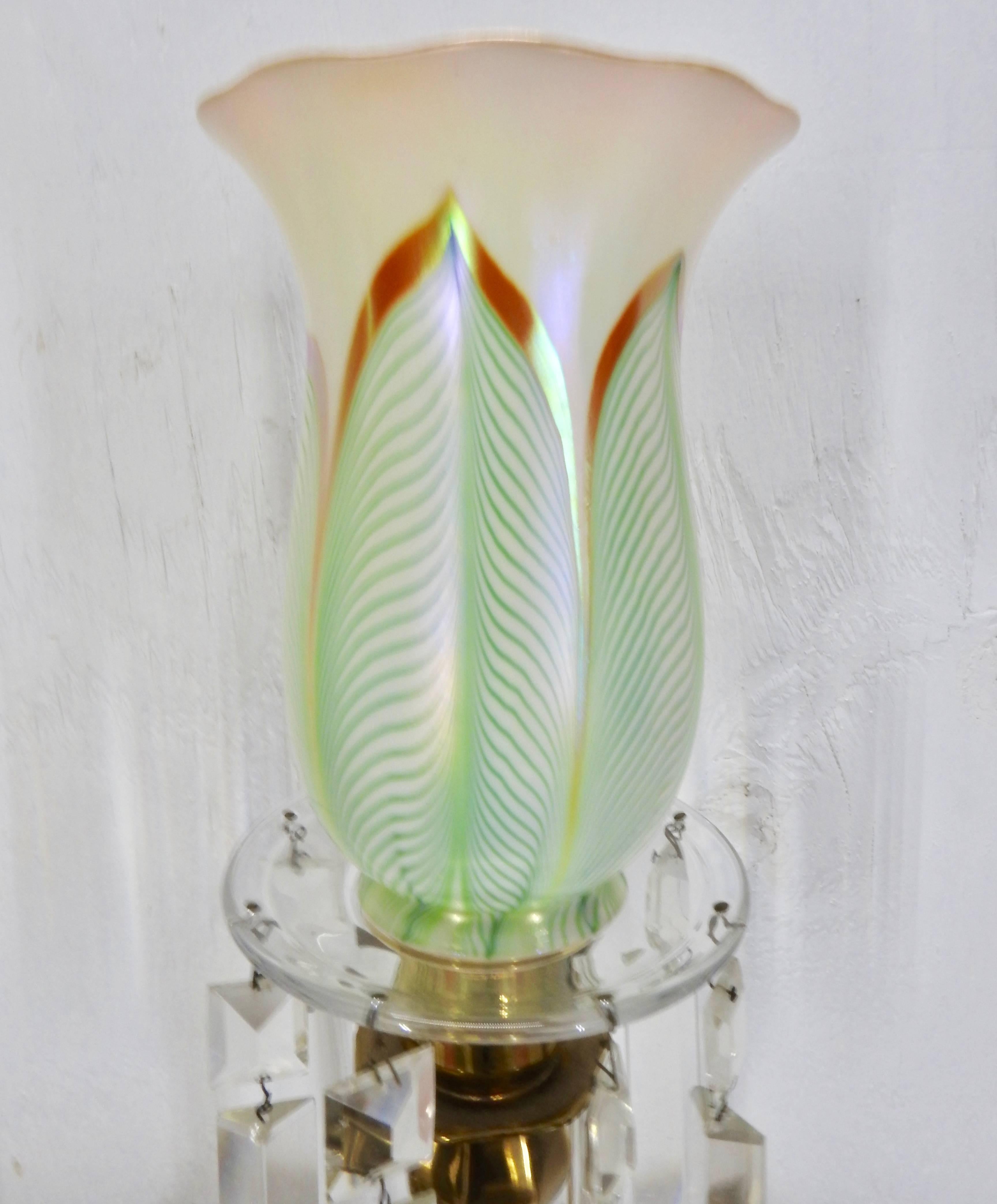 Hand-Crafted Steuben Pulled Feather Shades on Antique Brass Lamp with Prisms For Sale
