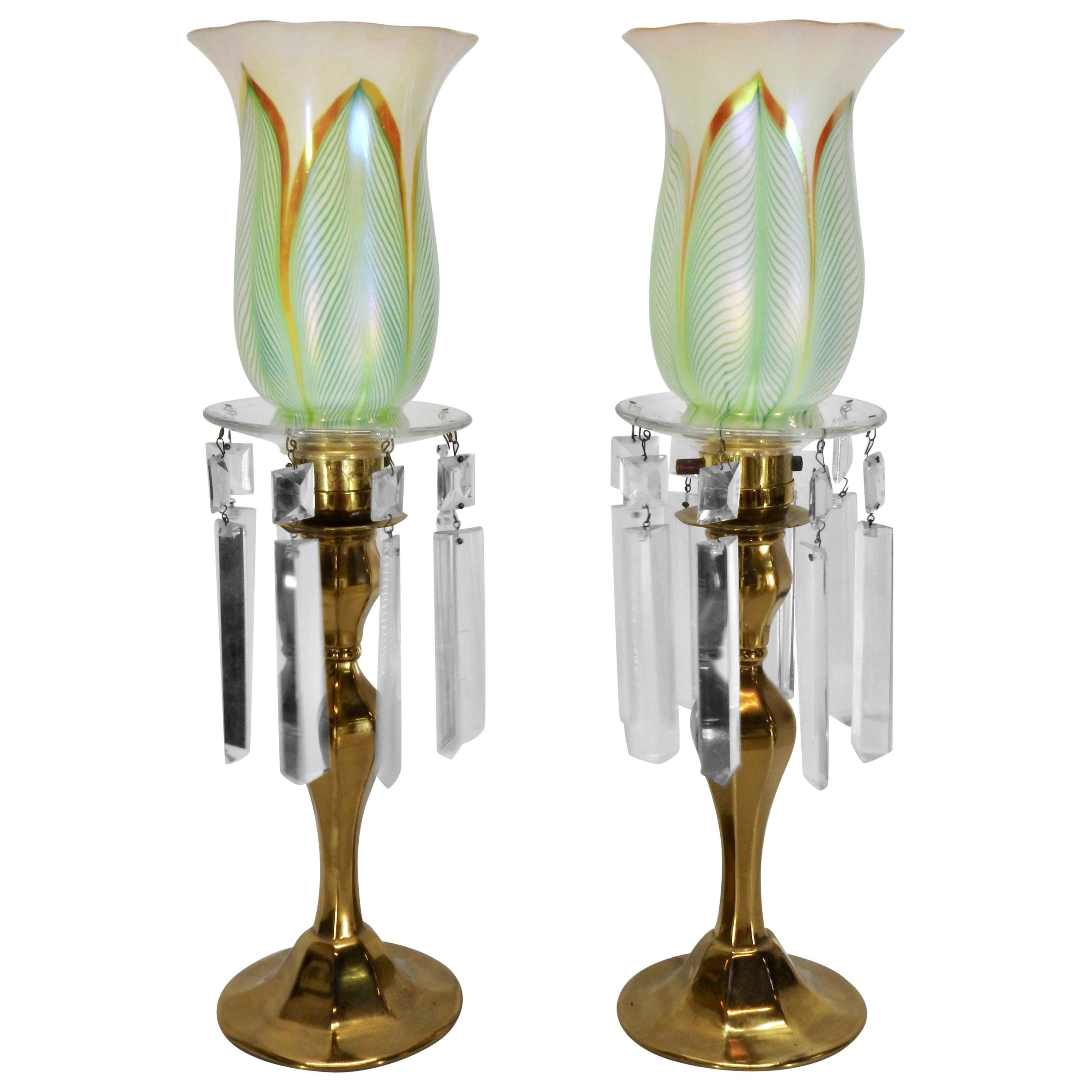 Steuben Pulled Feather Shades on Antique Brass Lamp with Prisms For Sale