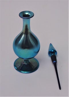 Steuben signed Blue Aurene long stopper scent bottle -c1910 - Frederick Carder
