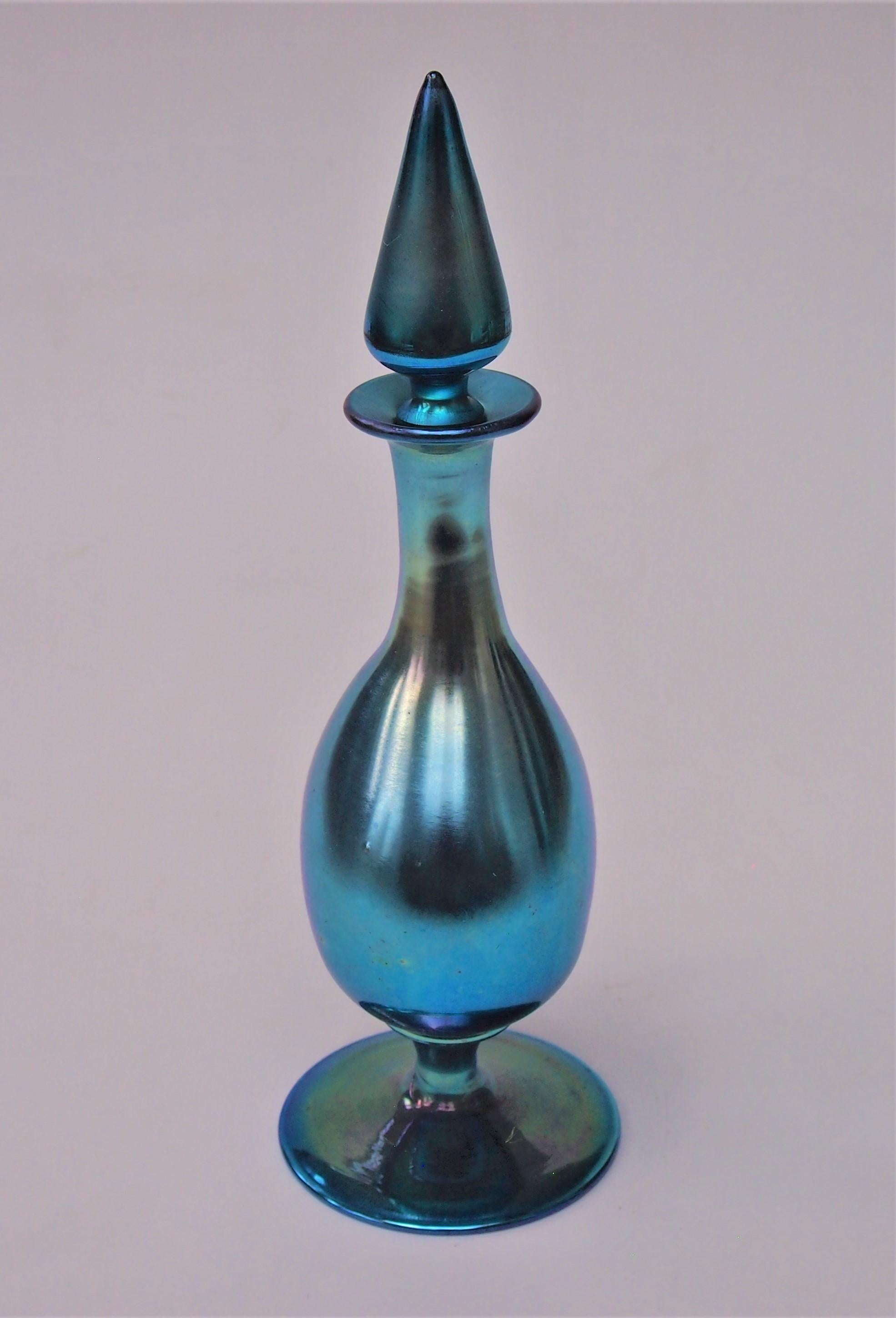Art Nouveau Steuben signed Blue Aurene long stopper scent bottle -c1910 - Frederick Carder