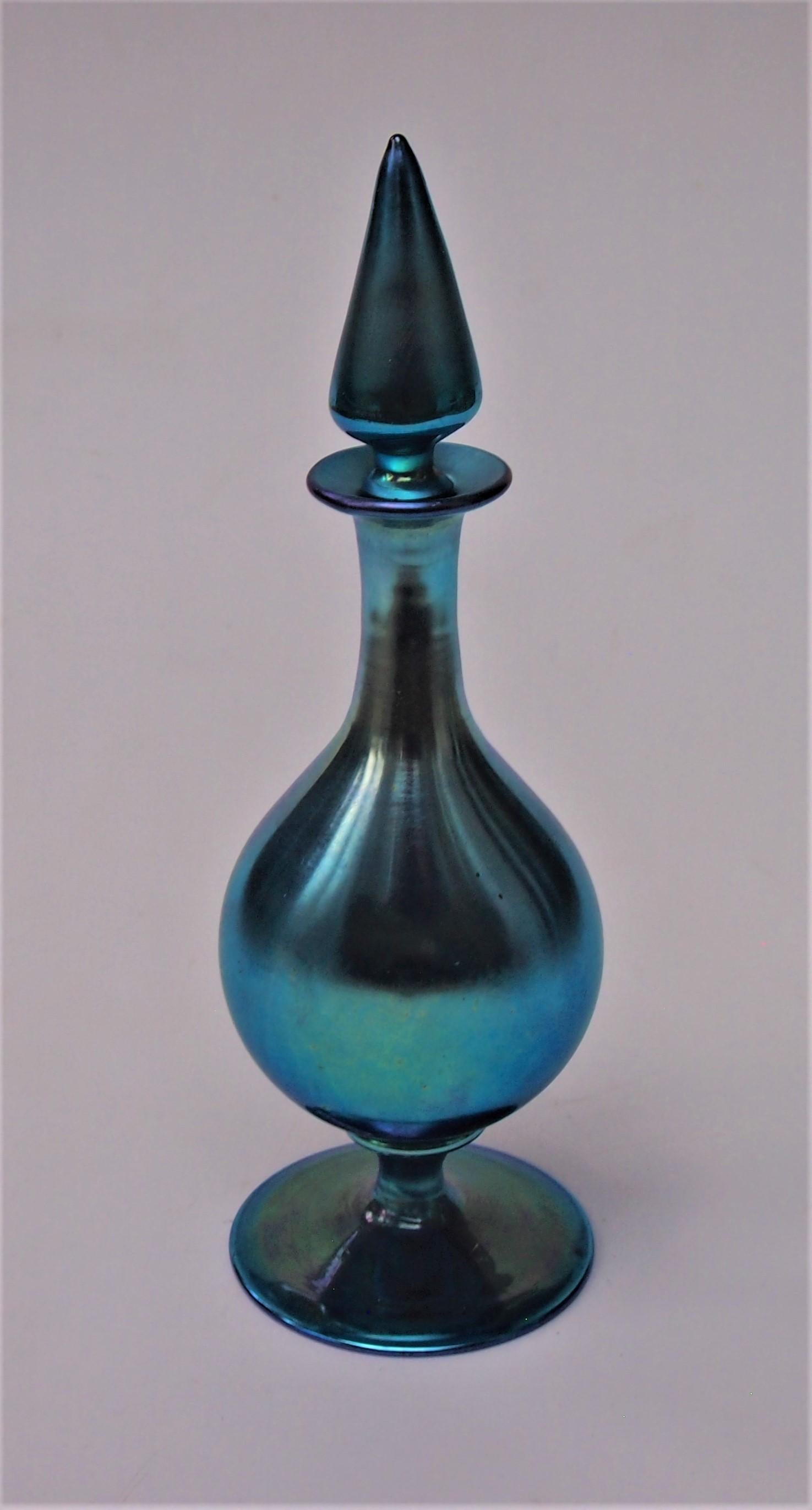 American Steuben signed Blue Aurene long stopper scent bottle -c1910 - Frederick Carder