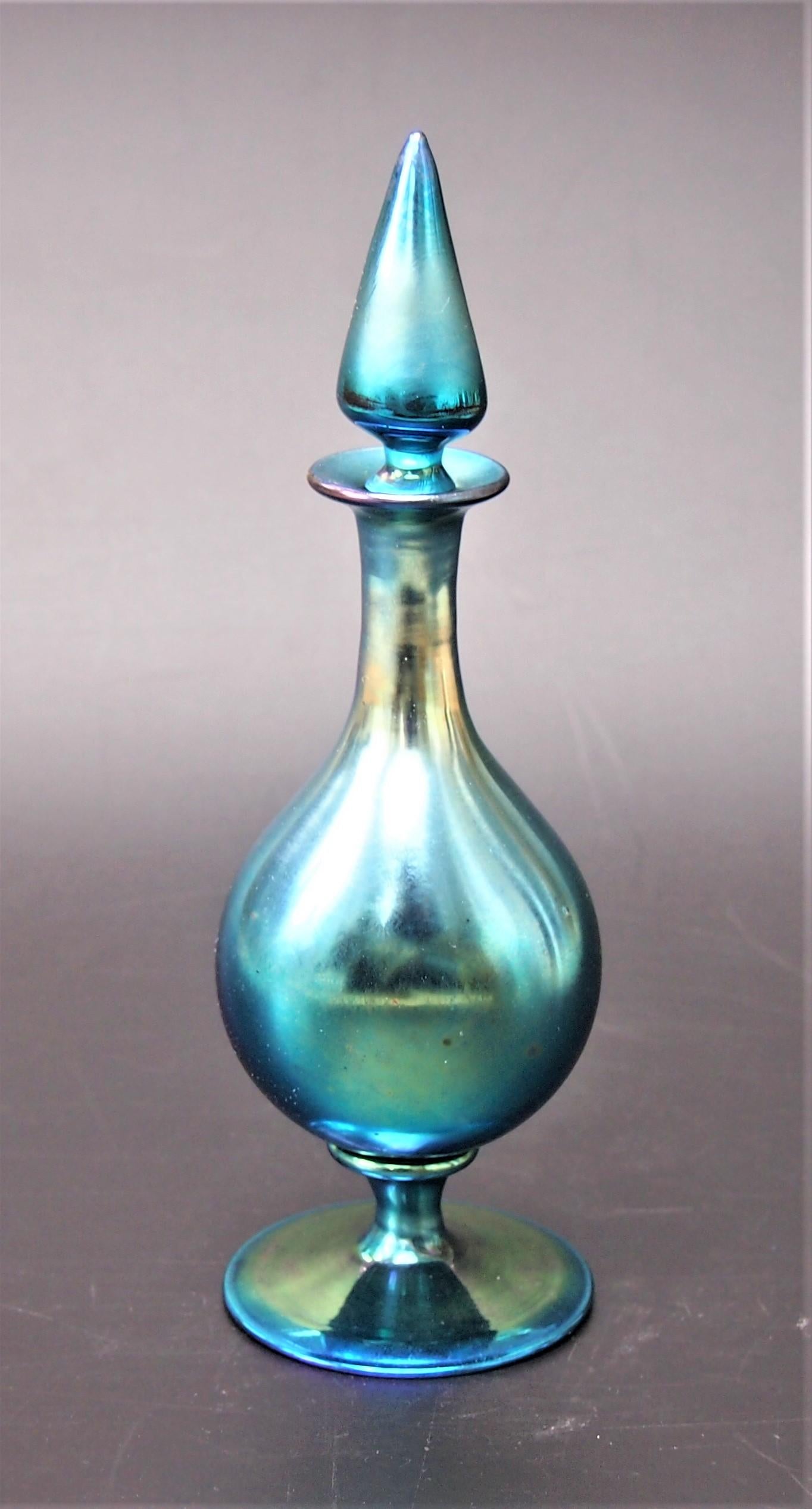 Steuben signed Blue Aurene long stopper scent bottle -c1910 - Frederick Carder 2
