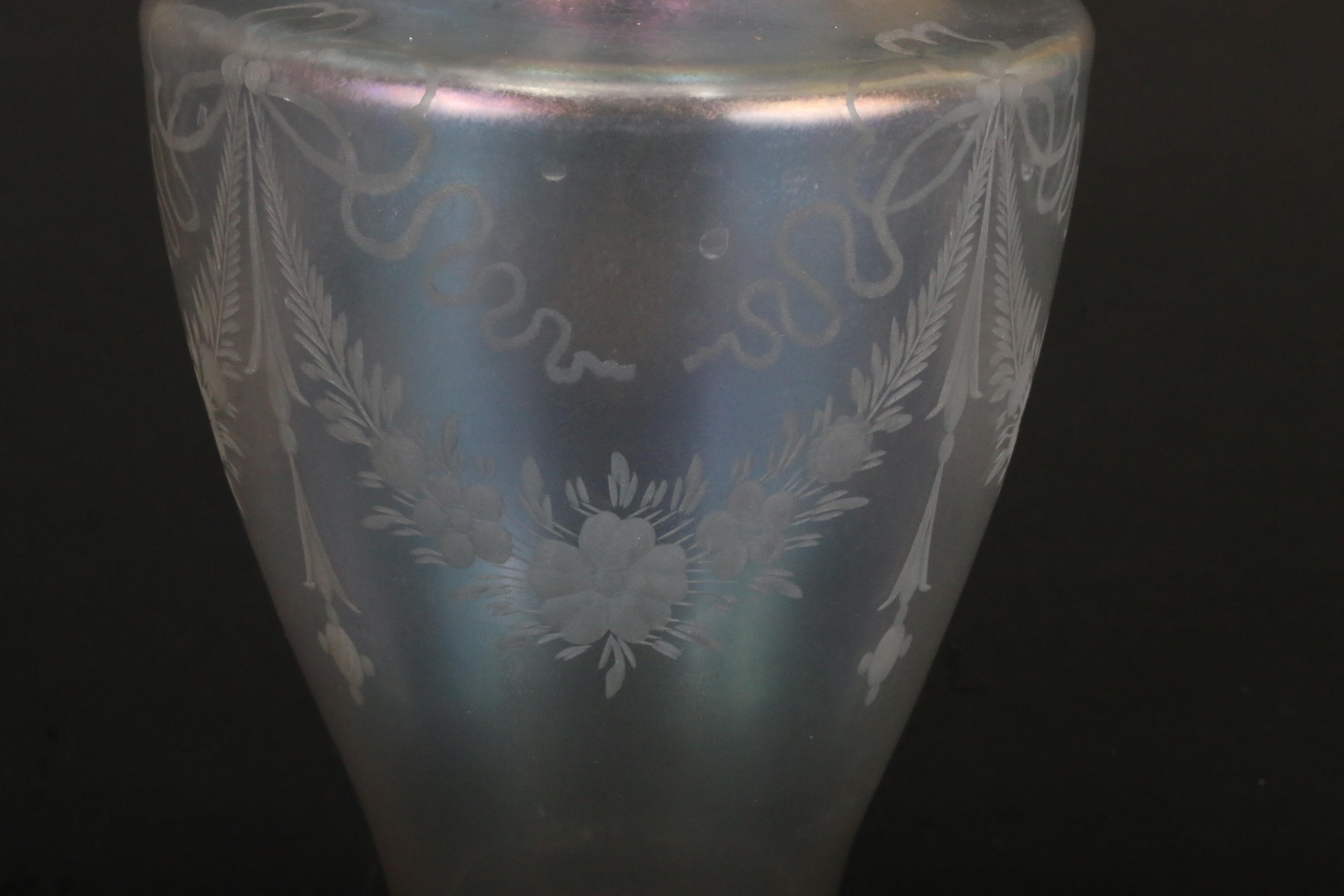 American Steuben Sterling Silver-Rimmed Engraved Verre de Soie Iridescent Vase For Sale