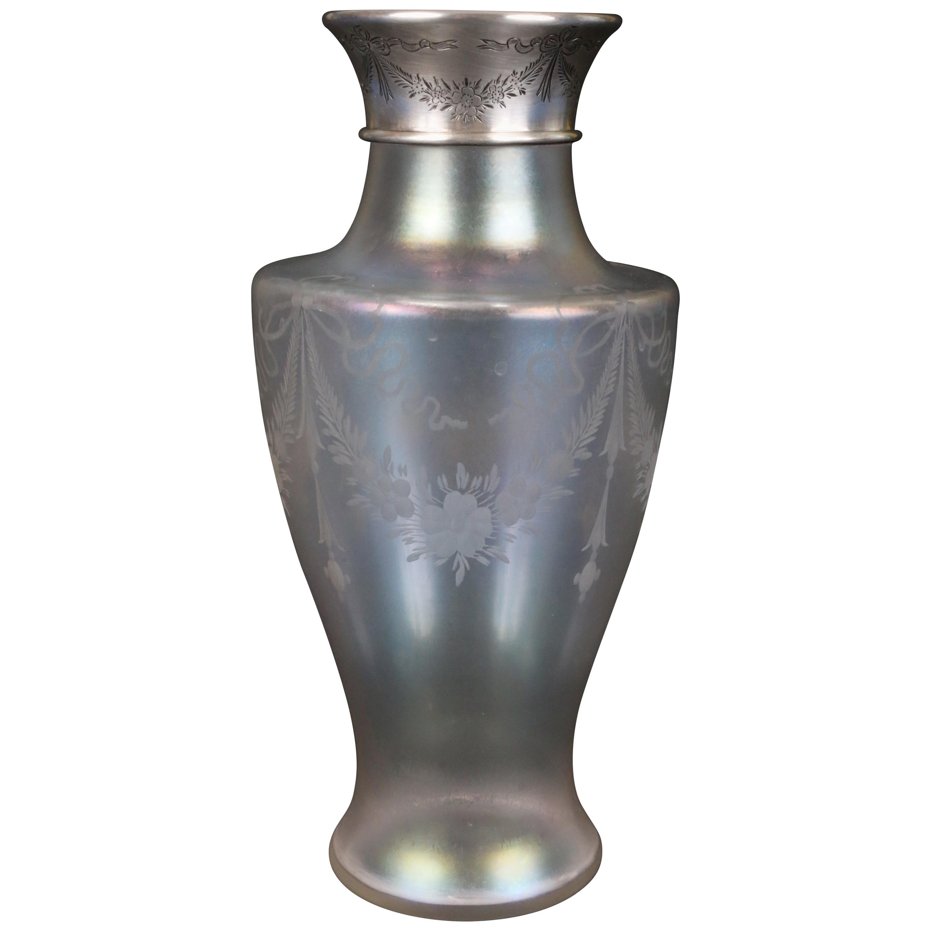 Steuben Sterling Silver-Rimmed Engraved Verre de Soie Iridescent Vase For Sale