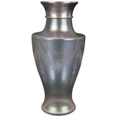 Antique Steuben Sterling Silver-Rimmed Engraved Verre de Soie Iridescent Vase