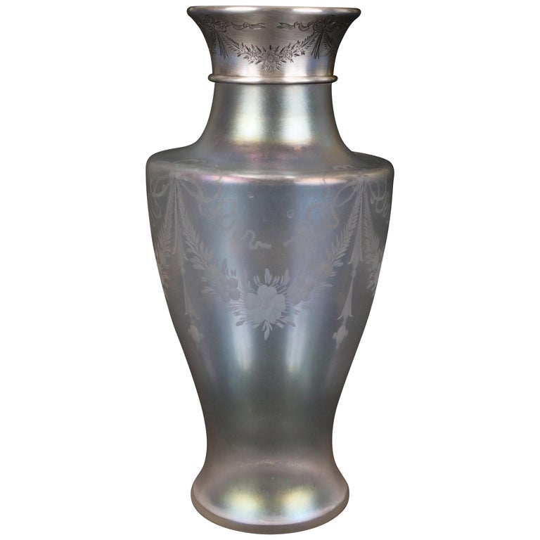 Steuben Sterling SilverRimmed Engraved Verre de Soie Iridescent Vase