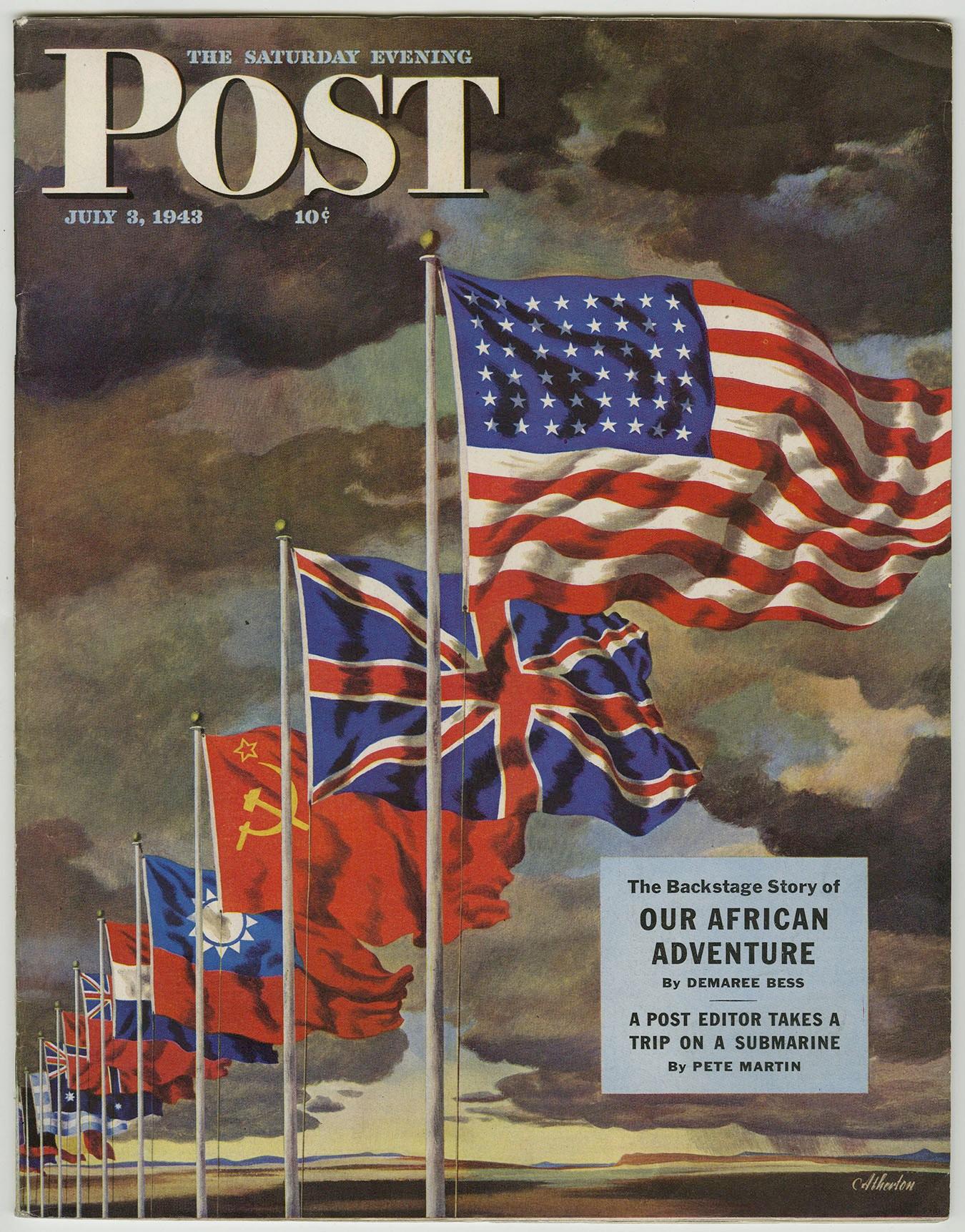 This large World War II-era illustration is a sprawling depiction of life in Japan for American soldiers. Created with gouache and watercolor by artist and illustrator Stevan Dohanos, this image was published in the July 3, 1943 issue of The