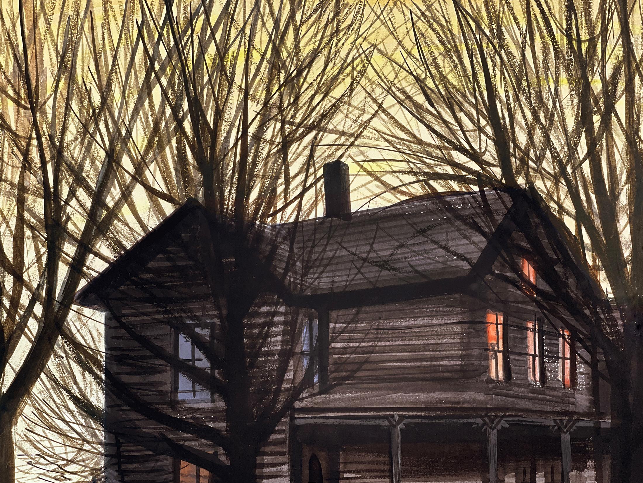 Dog in front of Wooden House during Winter Sunset - Painting by Stevan Dohanos