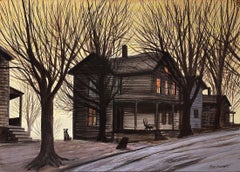 Dog in front of Wooden House during Winter Sunset