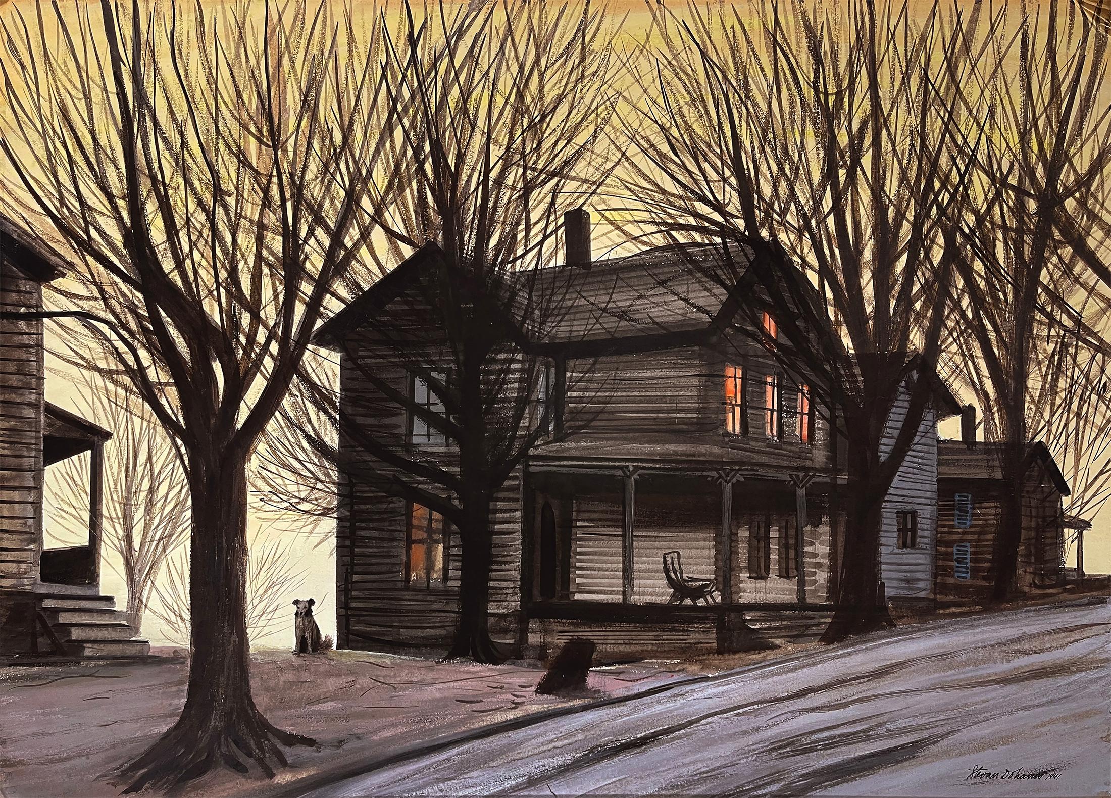Stevan Dohanos Landscape Painting - Dog in front of Wooden House during Winter Sunset