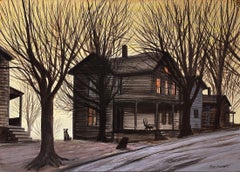 Dog in front of Wooden House during Winter Sunset,  - like Charles Burchfield
