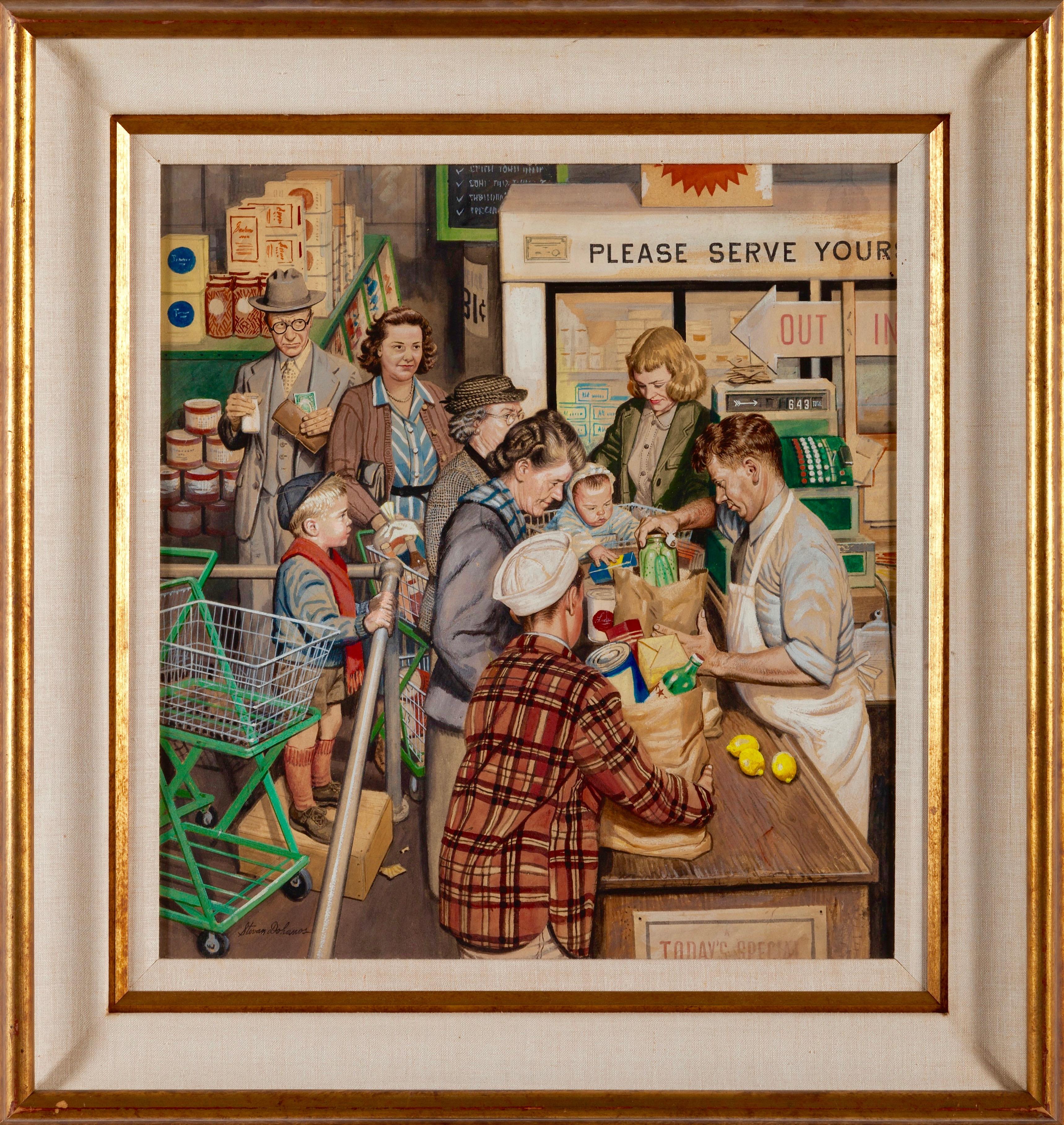 Grocery Line, Saturday Evening Post Cover, 1948 - Painting by Stevan Dohanos