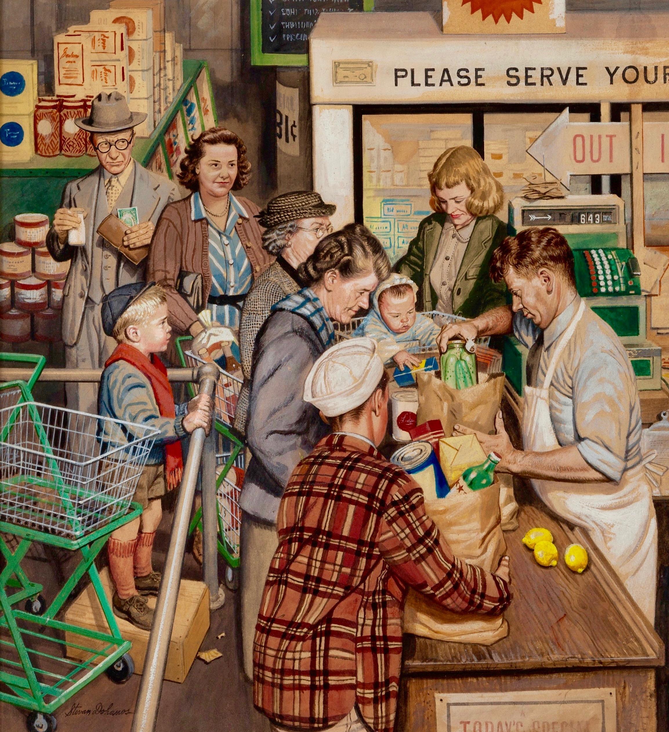 Stevan Dohanos Figurative Painting - Grocery Line, Saturday Evening Post Cover, 1948