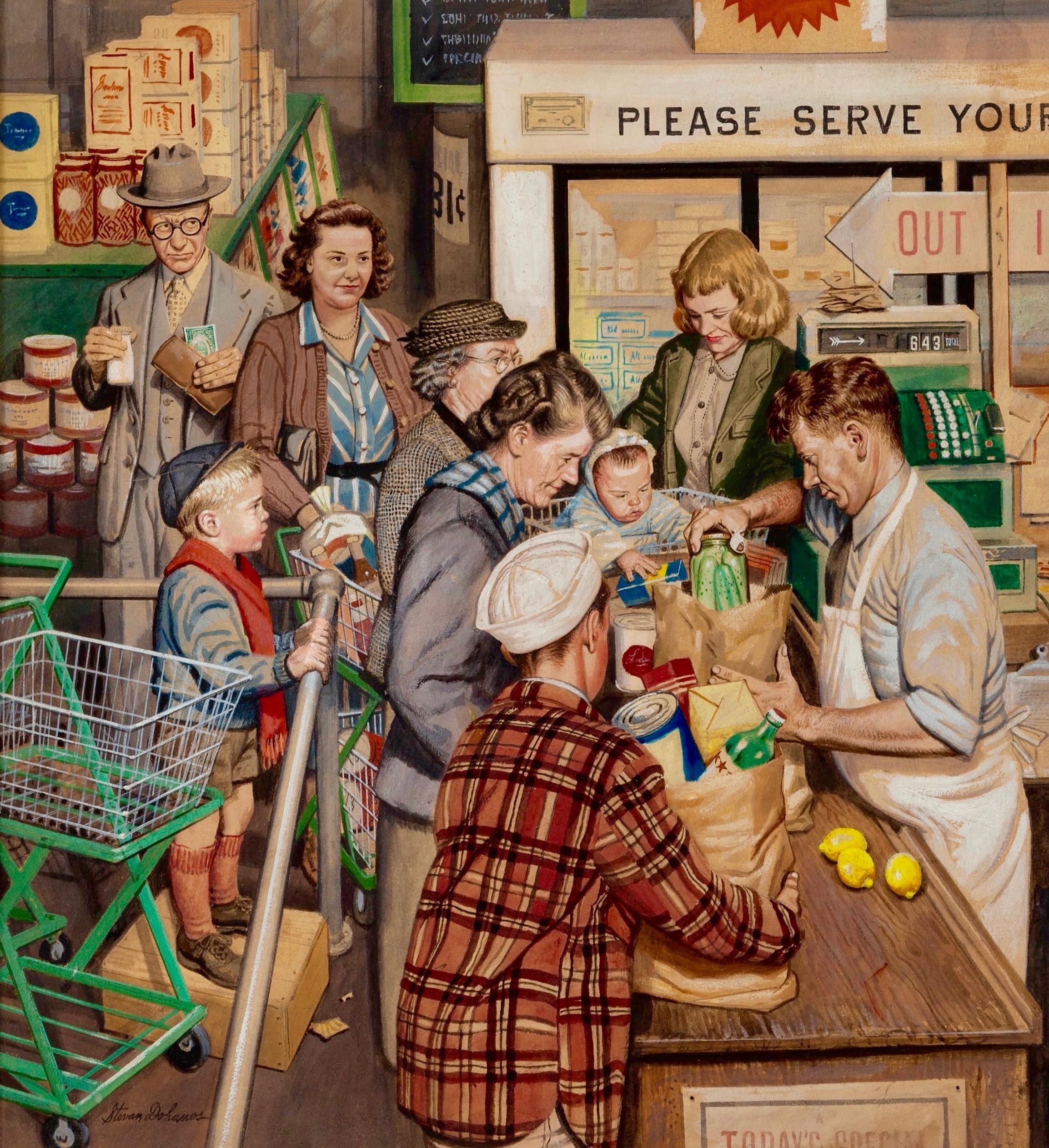 Figurative Painting di Stevan Dohanos - Linea di alimentari, copertina del Saturday Evening Post, 1948