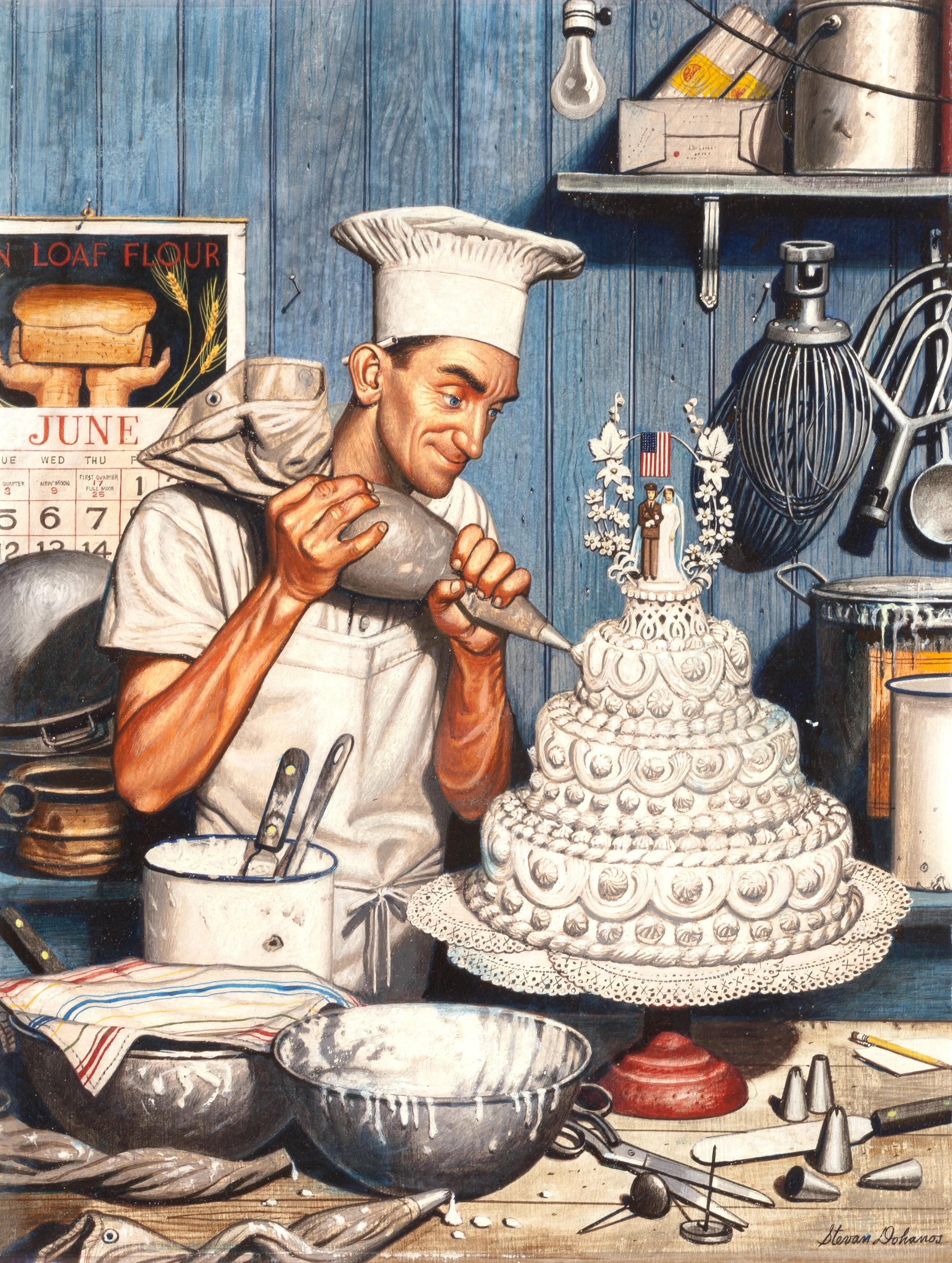 Stevan Dohanos Figurative Painting - Icing the Cake, Cover of The Saturday Evening Post 