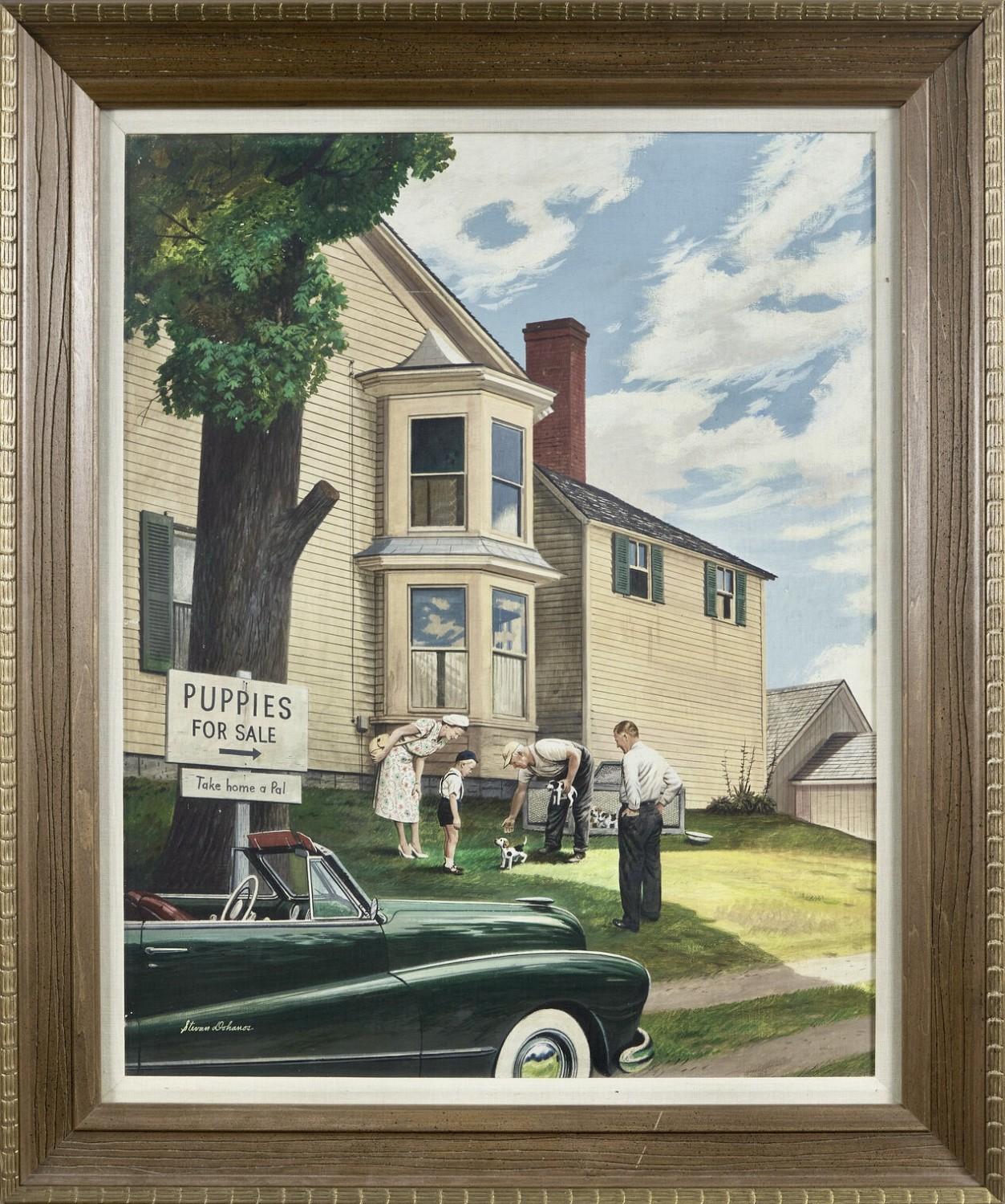 Cuccioli in vendita, copertina originale della rivista The Saturday Evening Post - Painting di Stevan Dohanos