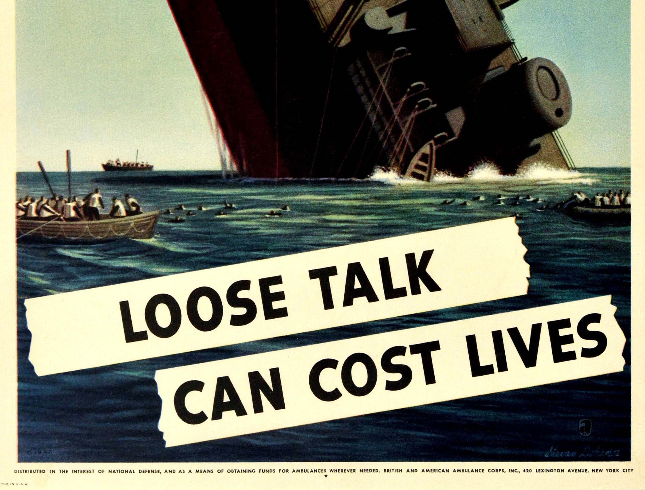 Original Vintage Poster Lose reden kann Leben kosten WWII Sinking Ship Rettungsboote (Schwarz), Print, von Stevan Dohanos
