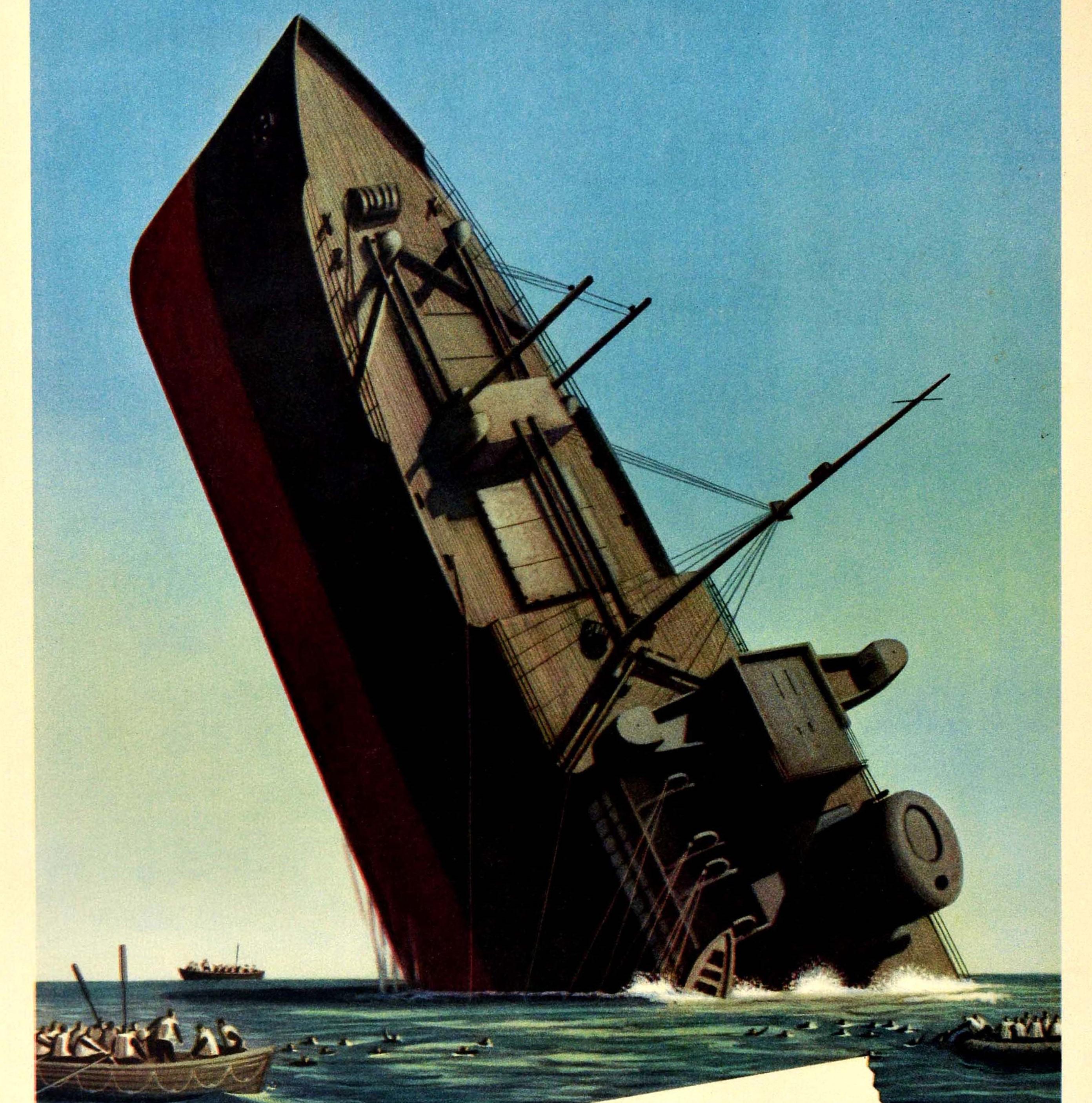 Originales Propagandaplakat aus dem Zweiten Weltkrieg - Loose Talk Can Cost Lives - mit einem dynamischen Design von Stevan Dohanos (1907-1994):: das ein Schiff zeigt:: das in einer ruhigen See versinkt:: wobei der Bug hoch in die Luft ragt und die