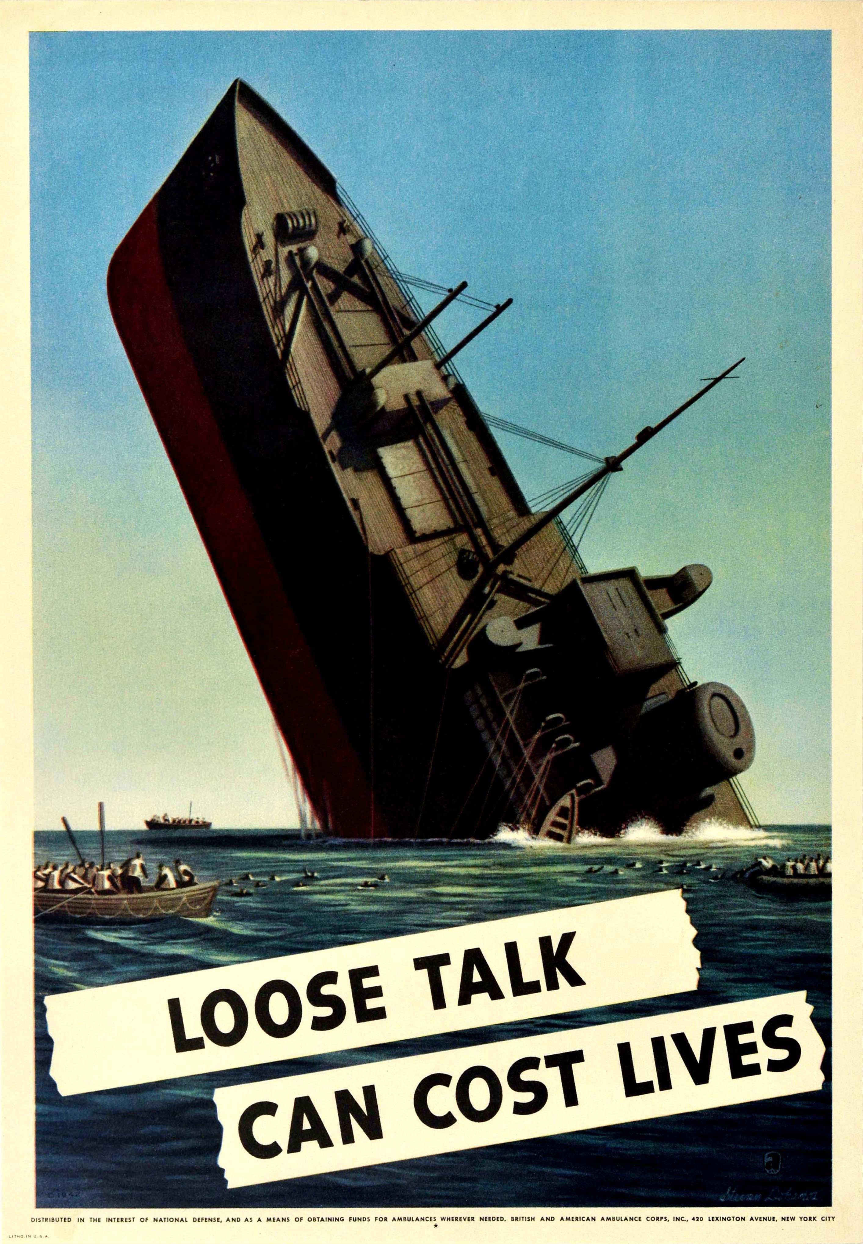 Stevan Dohanos Print - Original Vintage Poster Loose Talk Can Cost Lives WWII Sinking Ship Lifeboats
