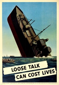 Original Vintage Poster Loose Talk Can Cost Lives WWII Sinking Ship Lifeboats