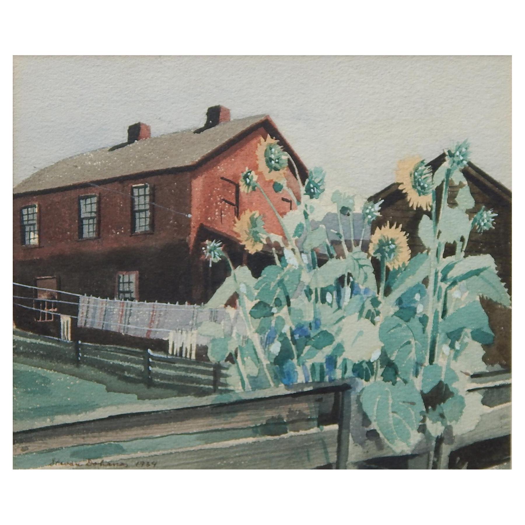 Stevan Dohanos Original Watercolor, 1934, Farmhouse and Sunflowers