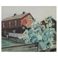 Stevan Dohanos Original Watercolor, 1934, Farmhouse and Sunflowers