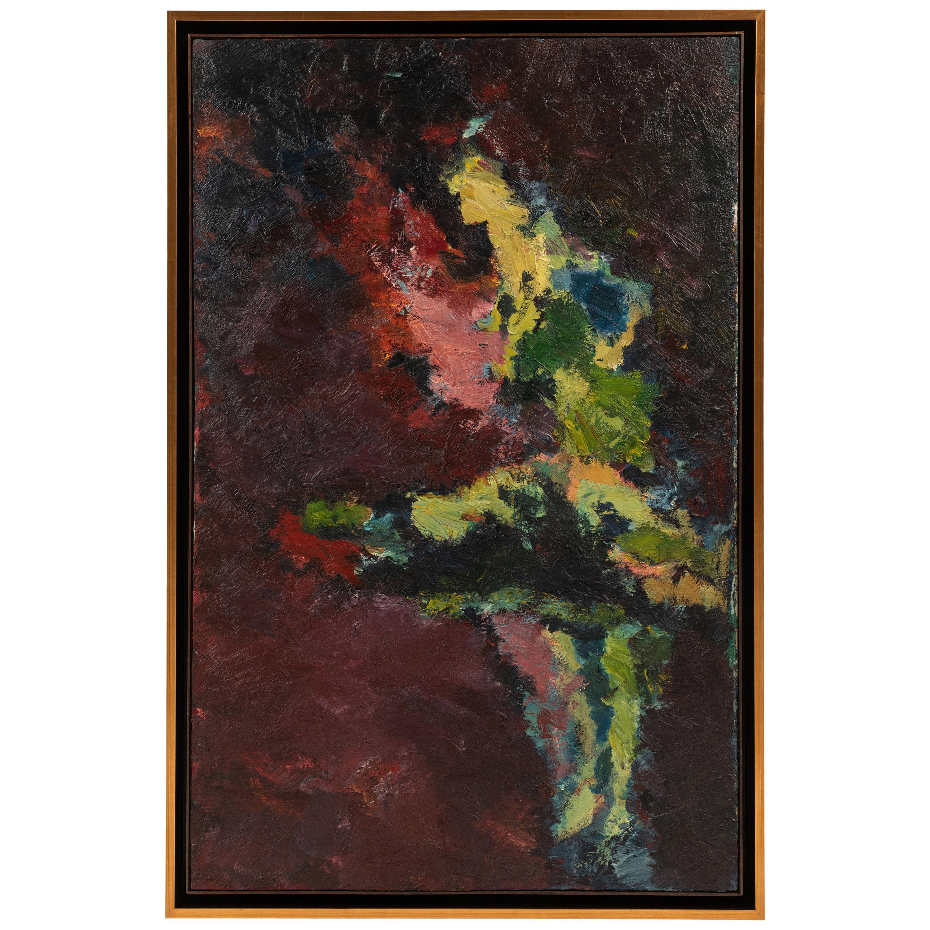 Cette peinture abstraite réalisée par un artiste peu connu de Los Angeles est un bel exemple d'abstraction colorée. Le tableau représente une danseuse abstraite. Le tableau a été nouvellement encadré dans un cadre à feuilles d'or de 2,5 pouces avec