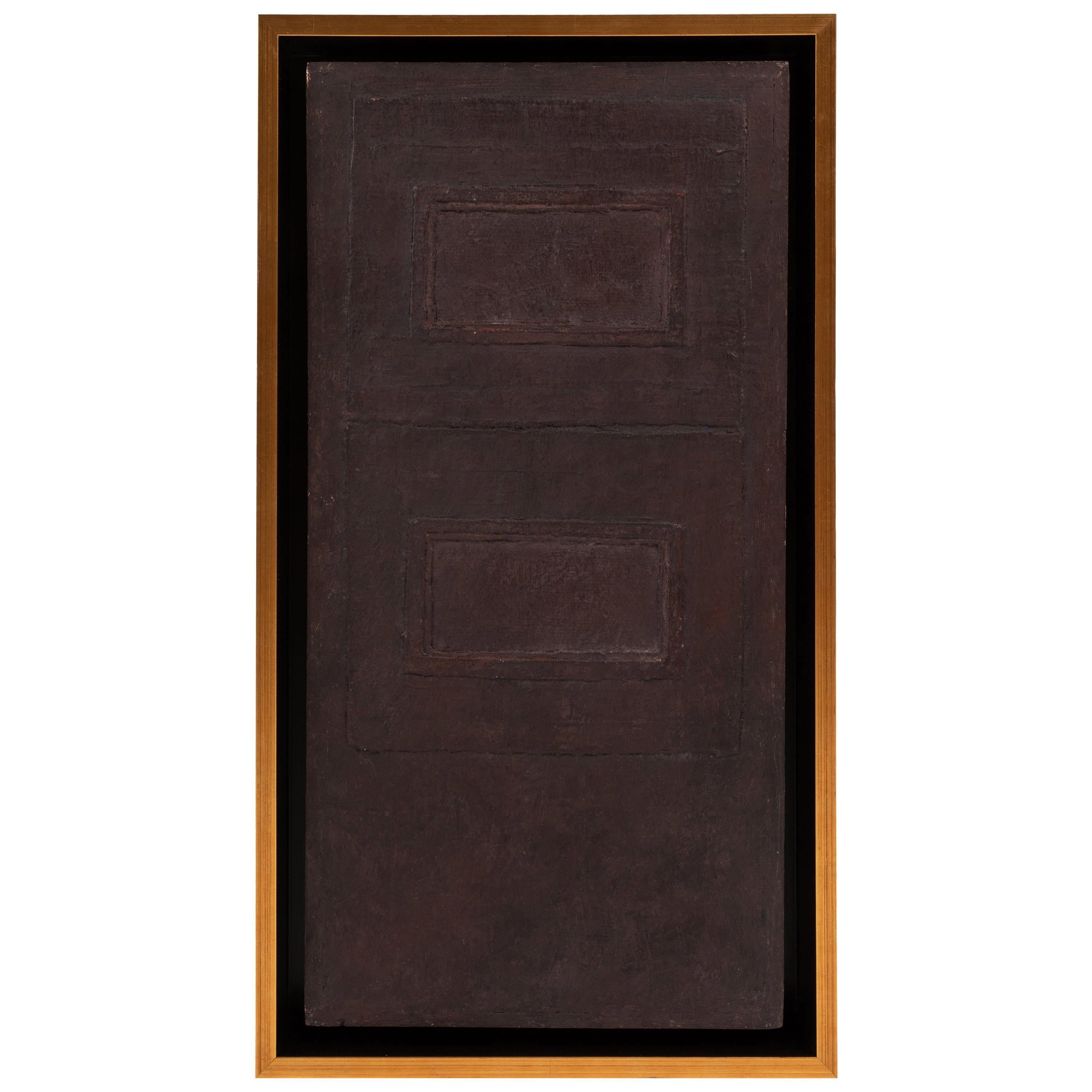 Cette peinture abstraite monochrome d'un artiste peu connu de Los Angeles est un bel exemple d'abstraction colorée. La toile a été peinte avec une peinture monochrome brun violacé qui présente deux cadres rectangulaires à l'intérieur du cadre. La