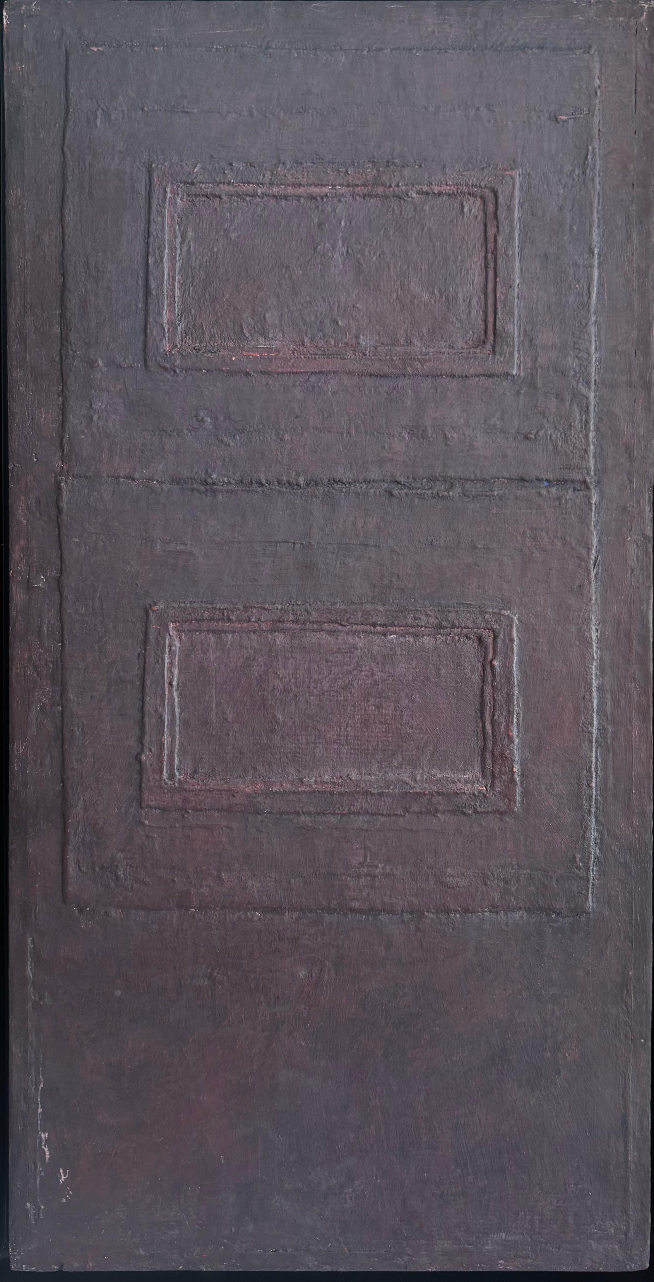 Dieses abstrakte monochrome Gemälde eines wenig bekannten Künstlers aus Los Angeles ist ein schönes Beispiel für Farbabstraktion. Die Leinwand wurde mit einer monochromen, violettbraunen Farbe bemalt, die zwei rechteckige Rahmen innerhalb des