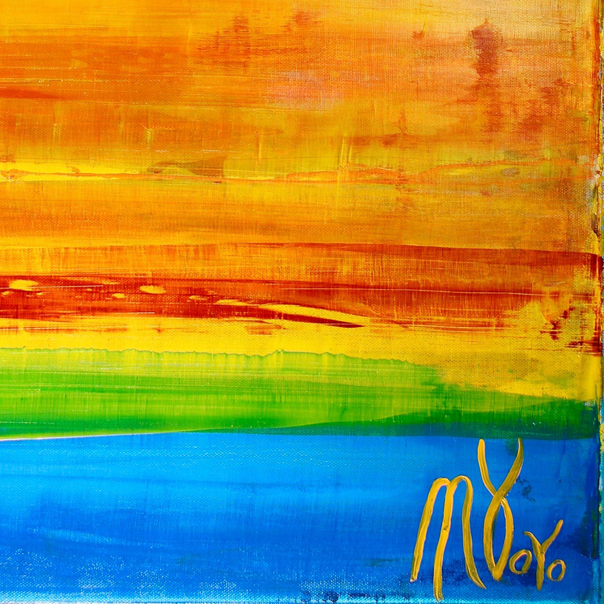 Un dipinto molto vivace e luminoso con i colori dell'estate. Per quest'opera ho utilizzato principalmente spatole e toni di pittura audaci, più e più volte, blu vivaci, arancioni e molte sfumature di giallo. Firmato e pronto da appendere.   