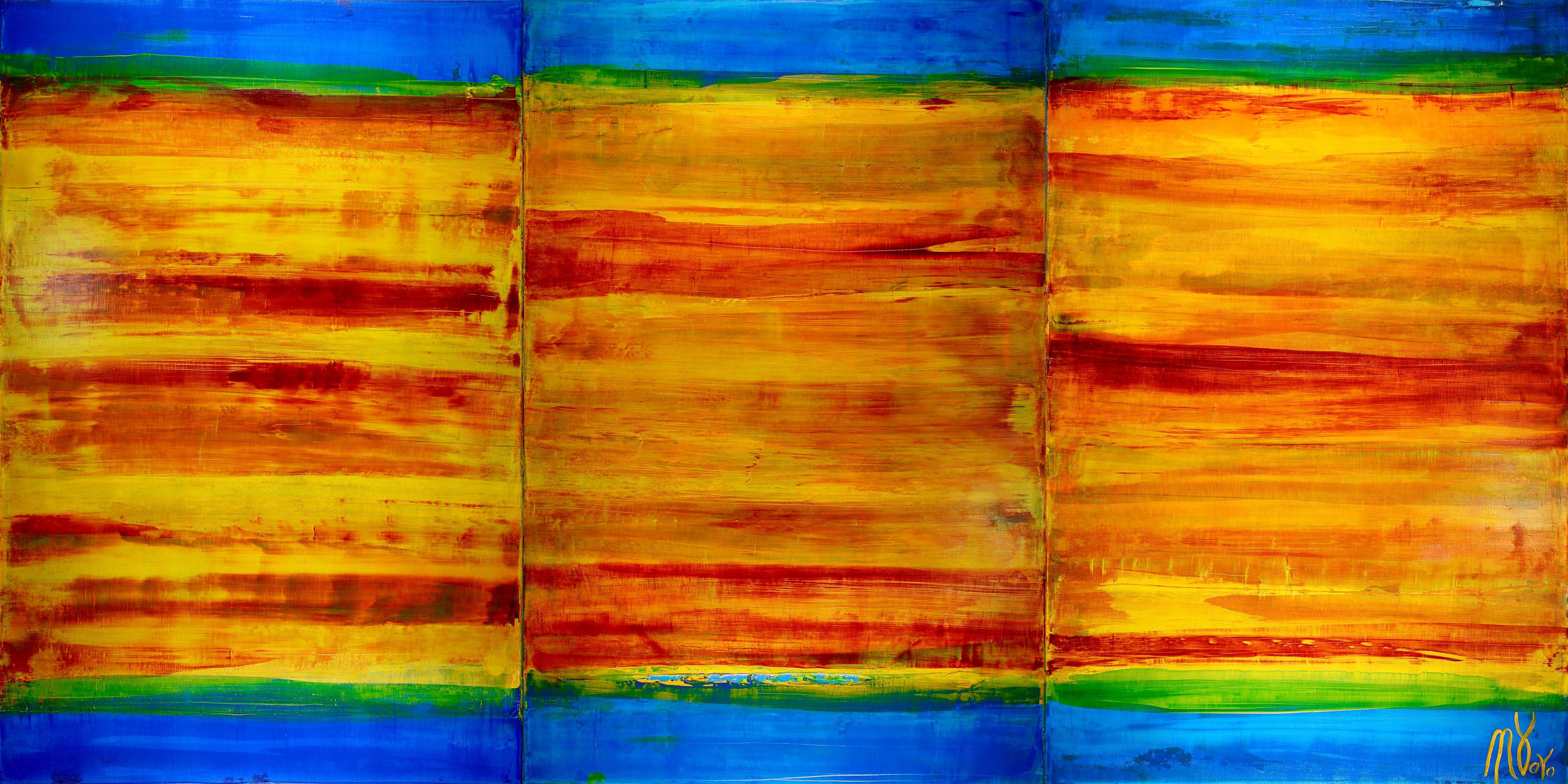 Abstract Painting Nestor Toro - Un coucher de soleil éclatant fragmenté, peinture, acrylique sur toile