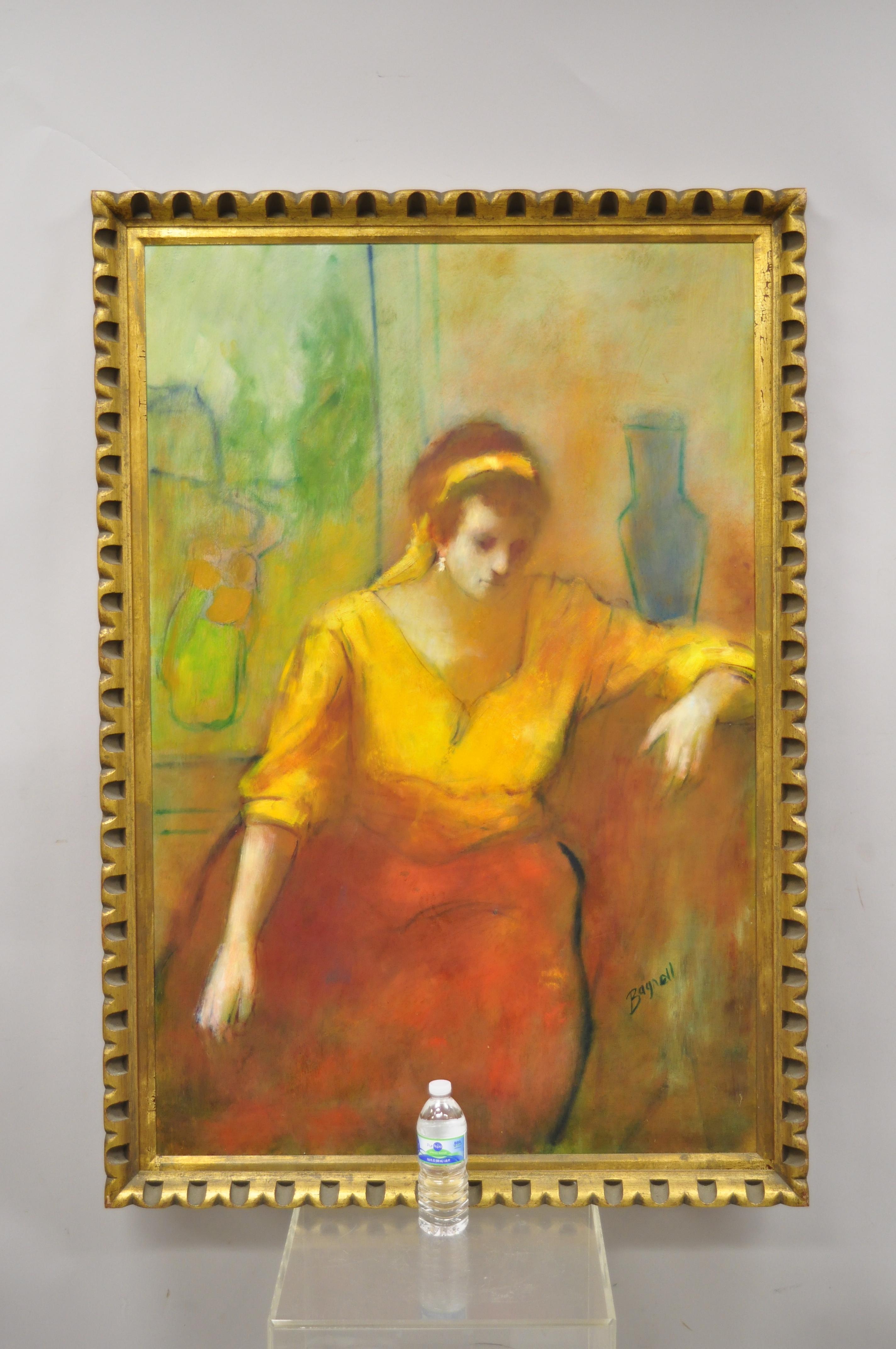 Steve Bagnell Seated Woman in Yellow Headband Orange Dress 1960 Oil on Masonite 2