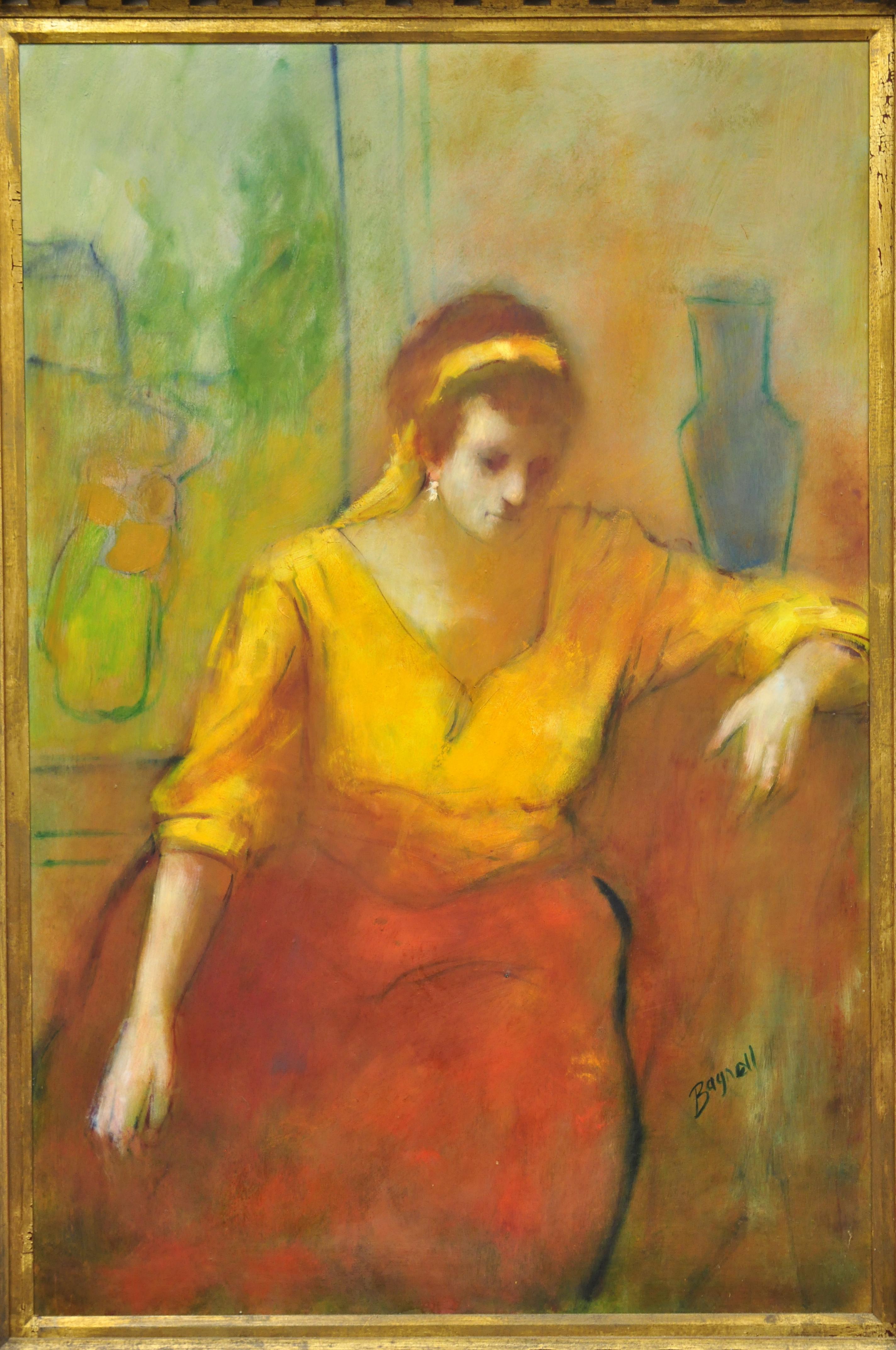 Steve Bagnell seated woman in yellow headband and orange dress, 1960s oil on Masonite. Item features large impressive painting of a seated woman with yellow headband and orange dress. Signed Steve Bagnell. Nicely carved wood frame. Circa mid to late