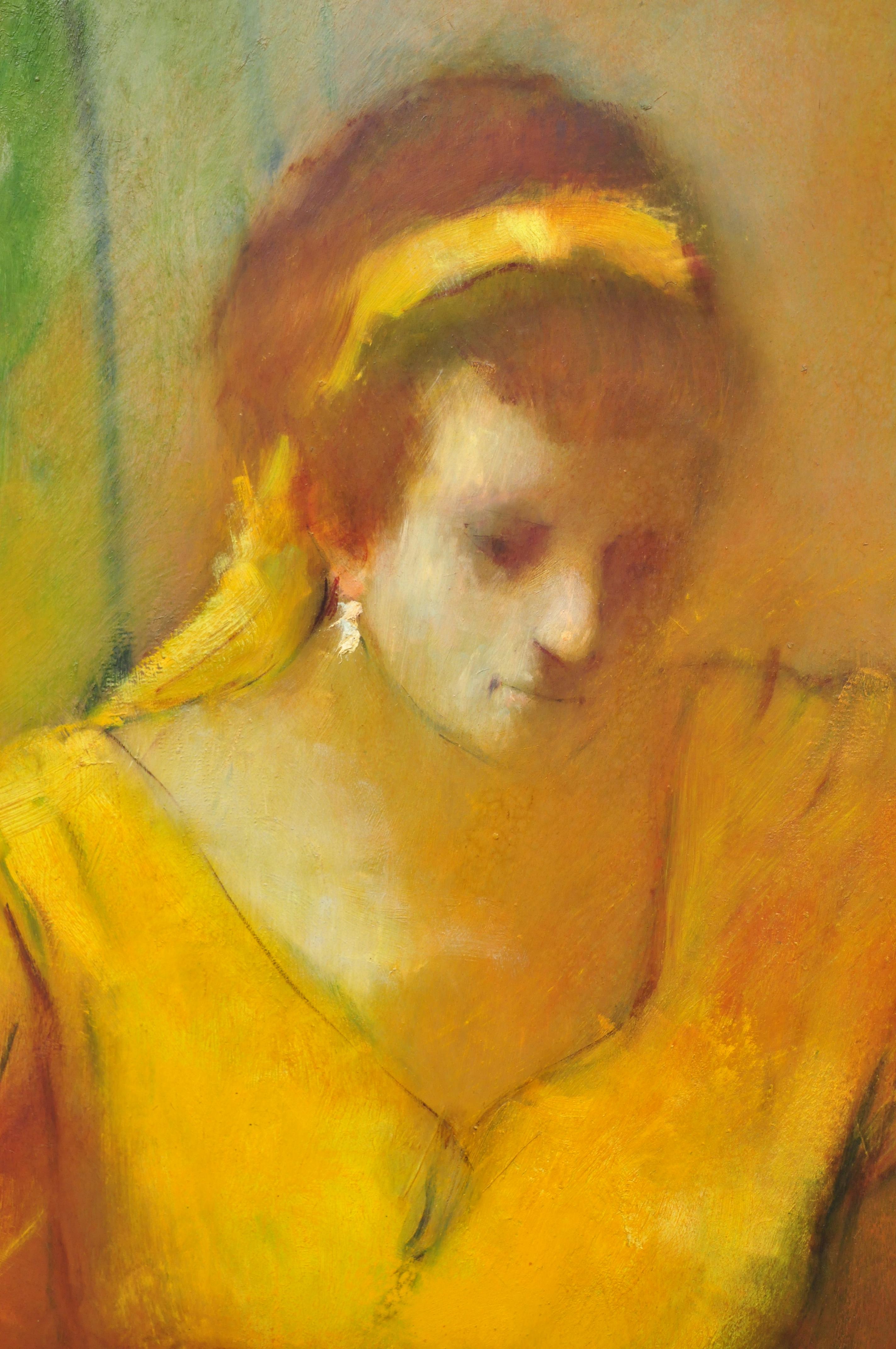 painting of woman in orange dress