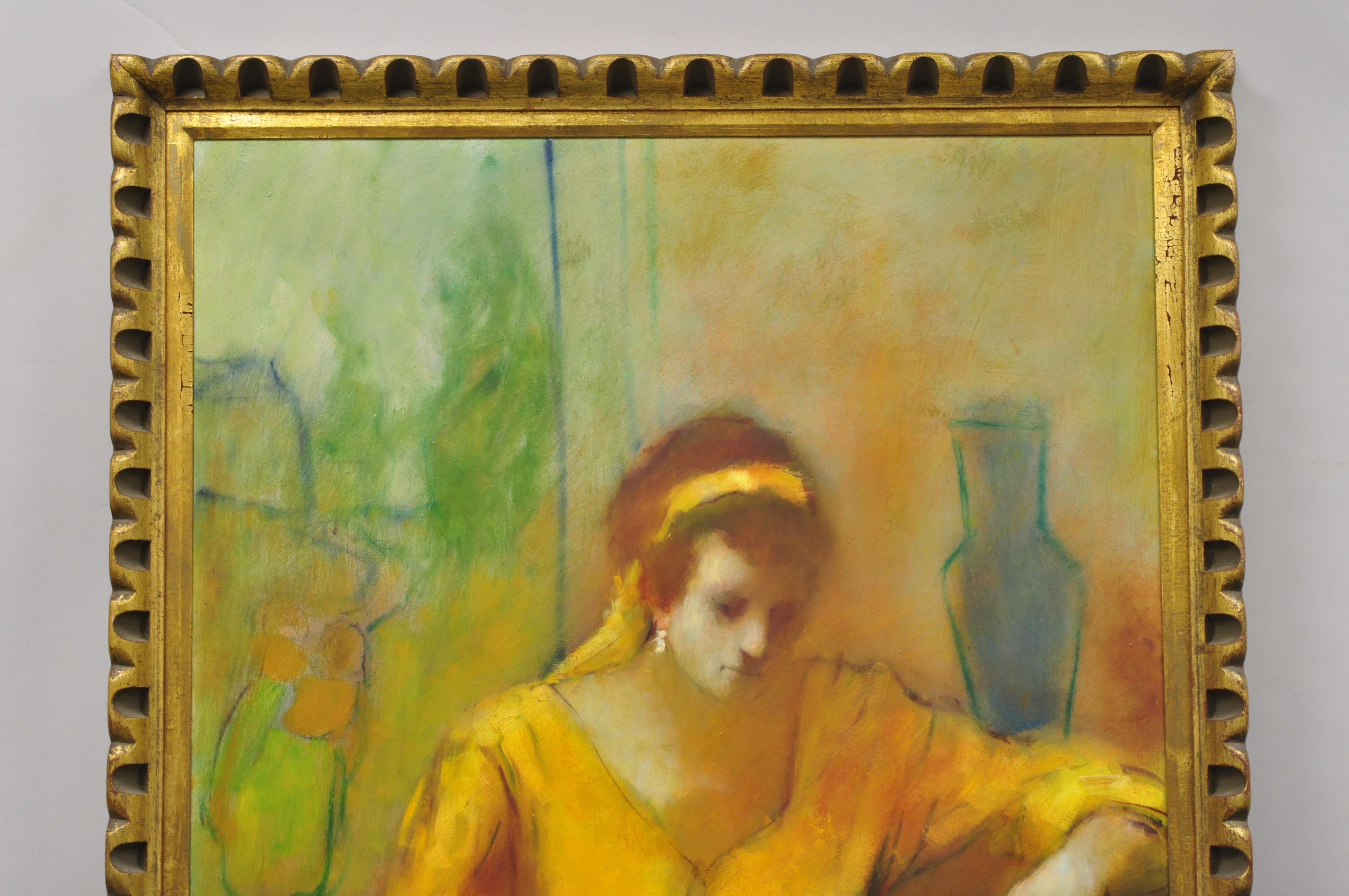 Mid-Century Modern Steve Bagnell Seated Woman in Yellow Headband Orange Dress 1960 Oil on Masonite