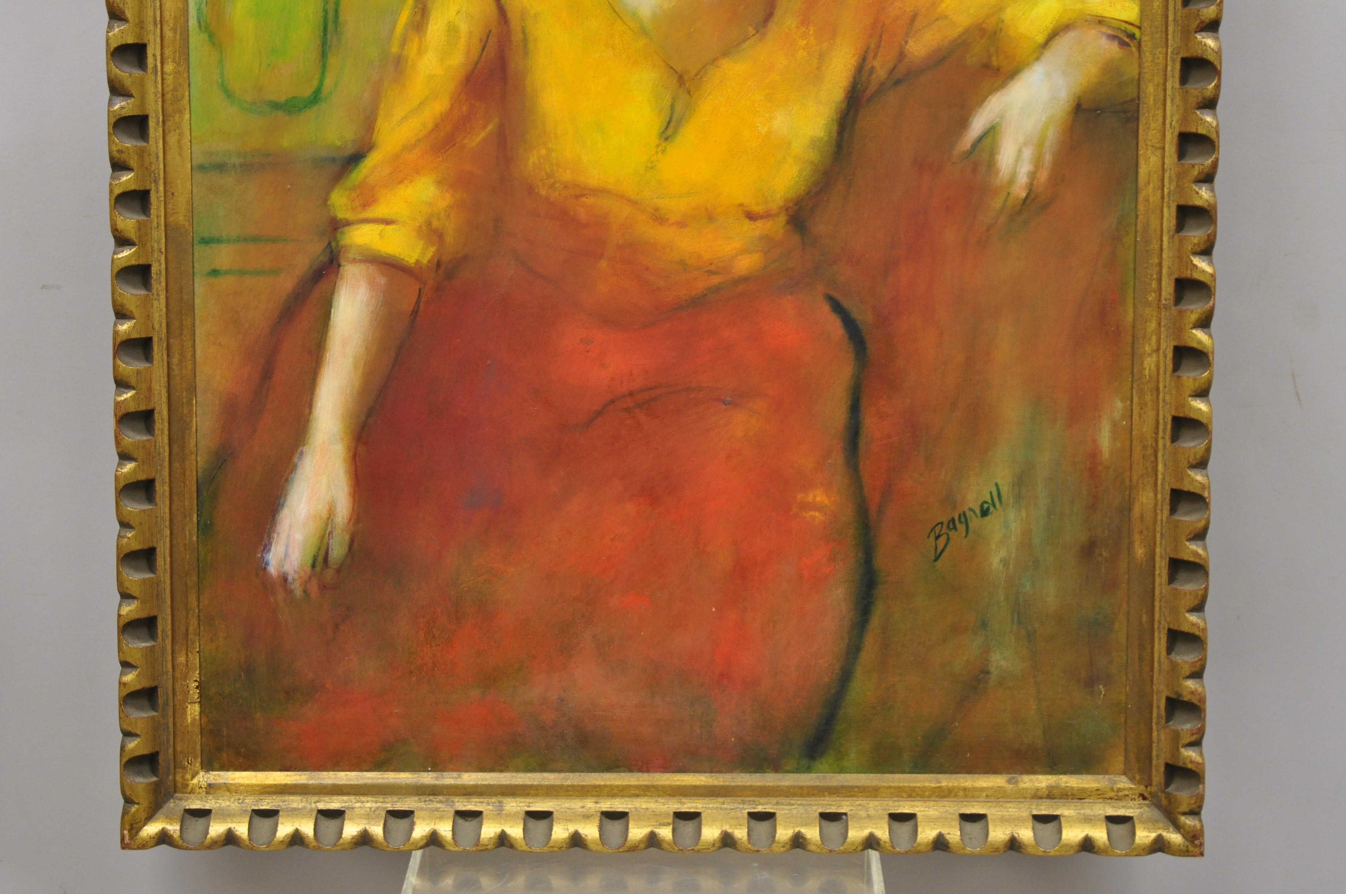 North American Steve Bagnell Seated Woman in Yellow Headband Orange Dress 1960 Oil on Masonite