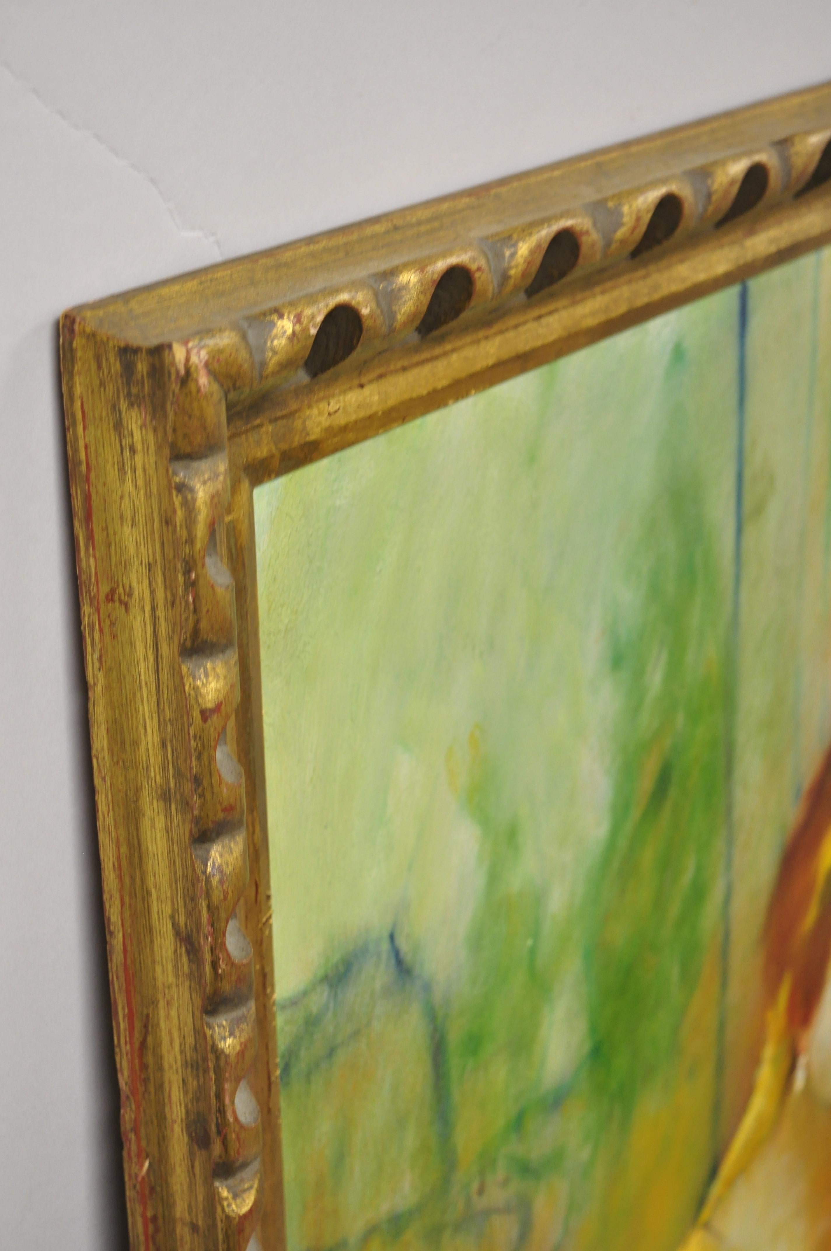 Steve Bagnell Seated Woman in Yellow Headband Orange Dress 1960 Oil on Masonite In Good Condition In Philadelphia, PA